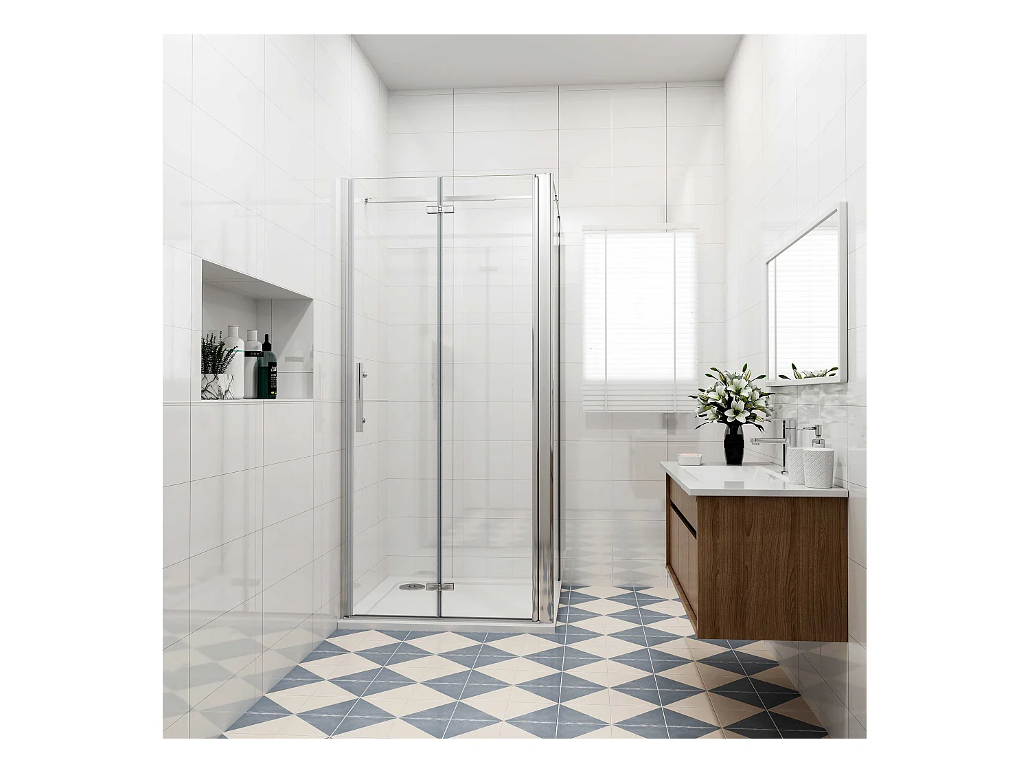 Douchecabine 85x90x195cm, draaideur+ vouwdeur (L-vorm),NANO EasyClean veiligheidsglas,stabilisatiestang 73-120cm