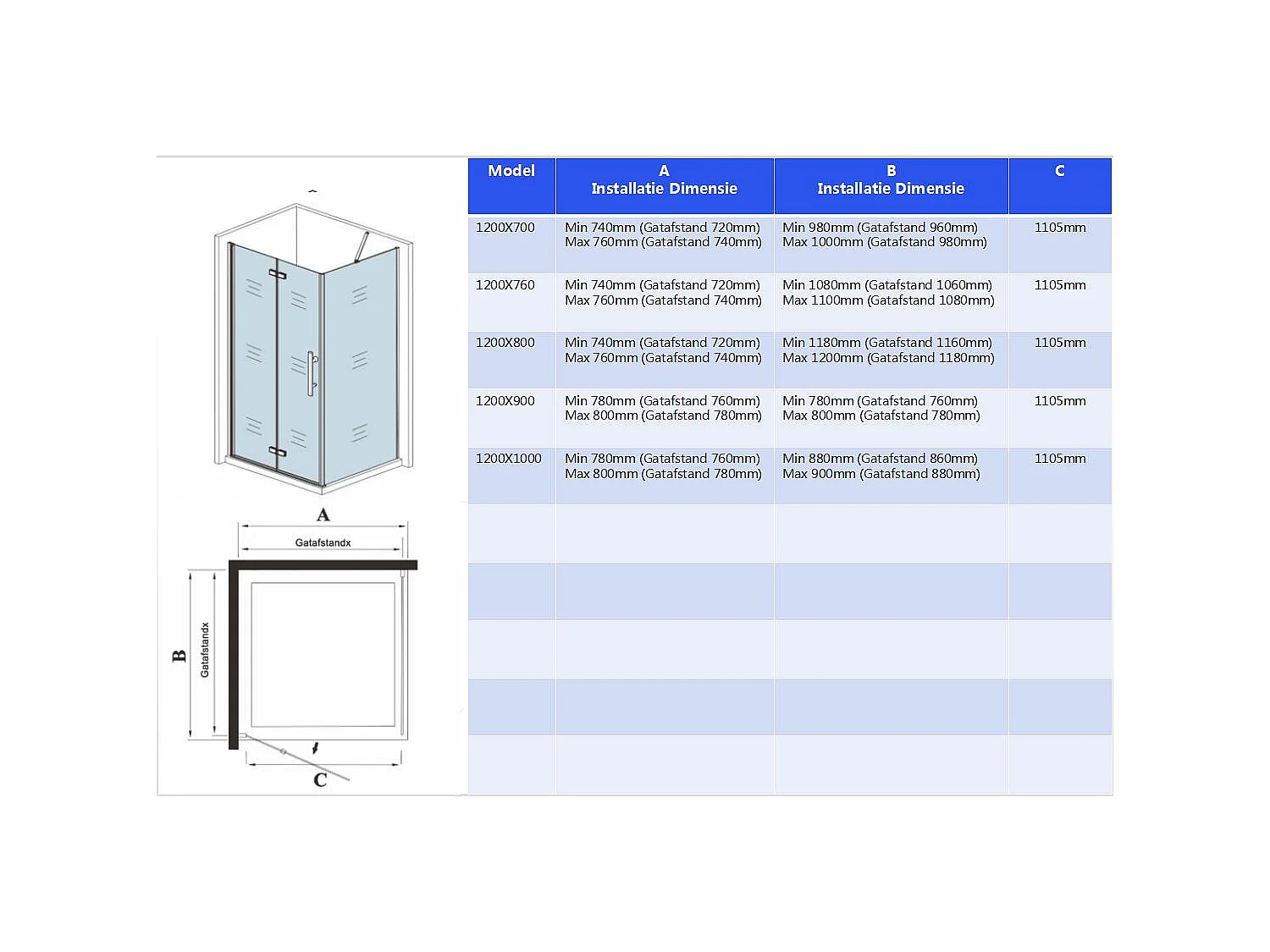 120x90x195cm douchecabine met inklapbare vouwdeur en vaste zijwand, 6mm helder EasyClean veiligheidsglas,mat zwarte aluminium frame, stabilisatiestang 70-120 cm