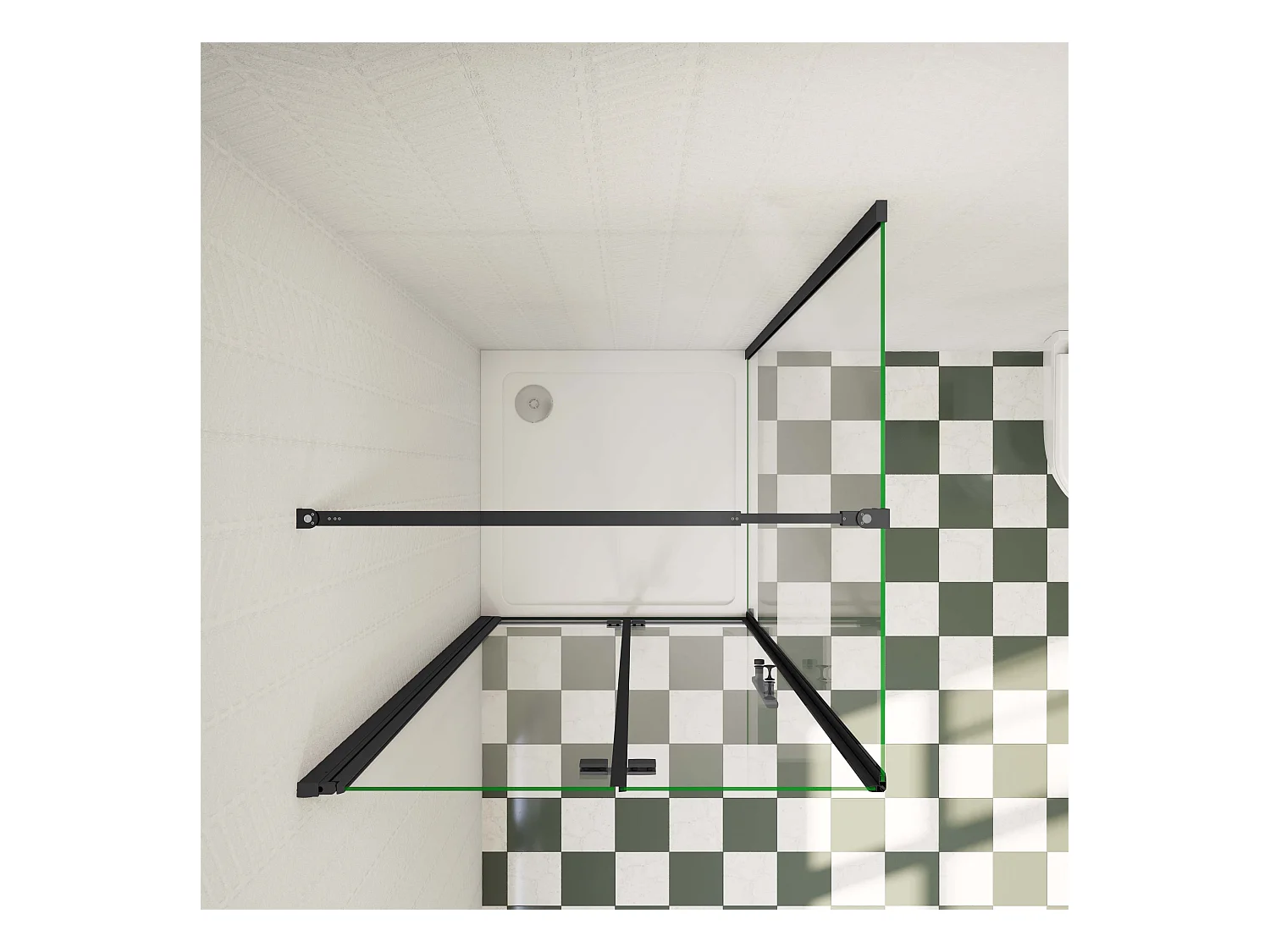 70x80x185cm douchecabine met inklapbare vouwdeur en vaste zijwand, 6mm helder EasyClean veiligheidsglas,mat zwarte aluminium frame, stabilisatiestang 73-120 cm