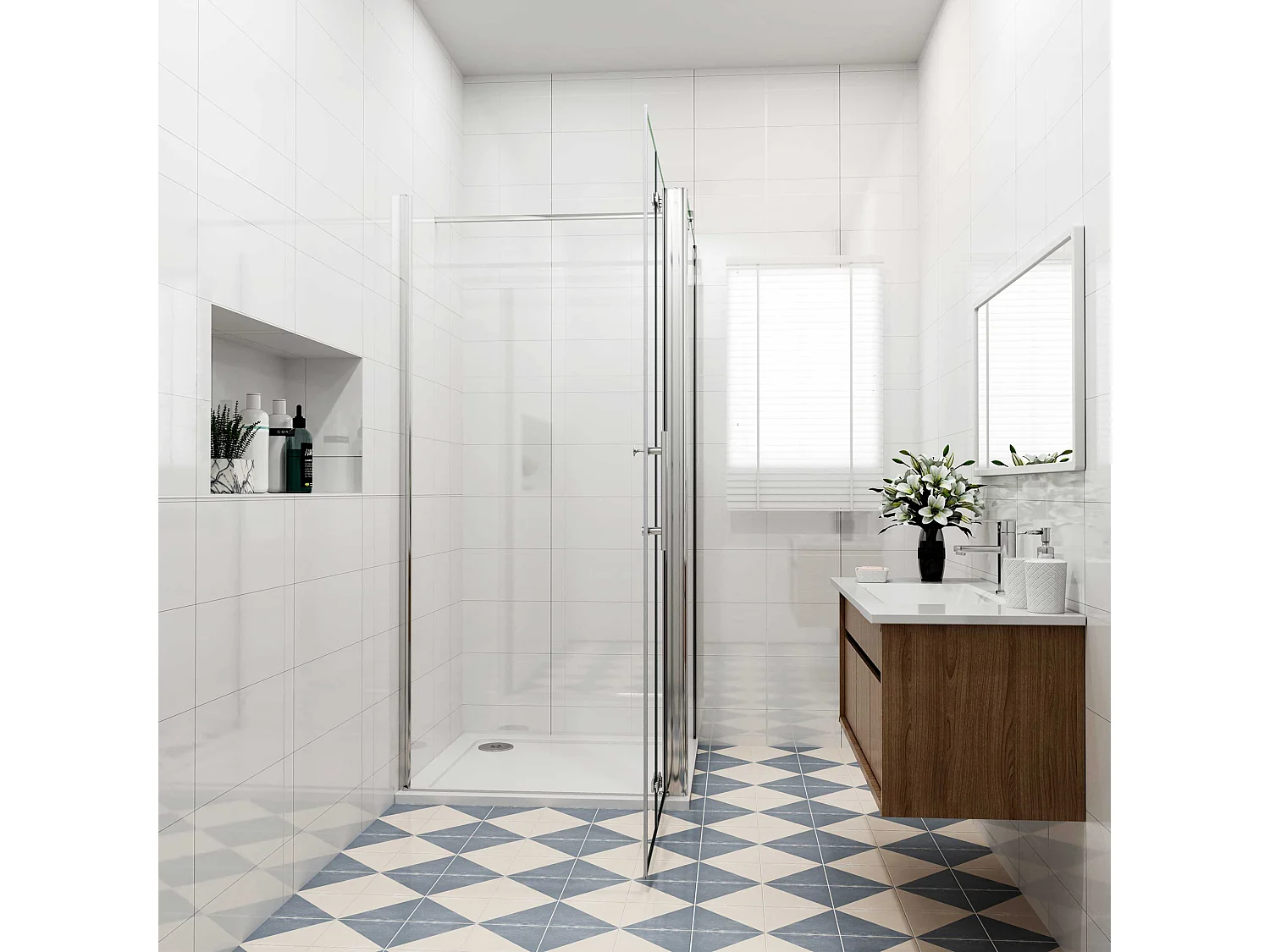 B:110xD:80x185cm,Douchecabine met vouwdeur en vaste zijwand ,NANO EasyClean veiligheidsglas,F-vorm 140 cm Stabilisatiestang