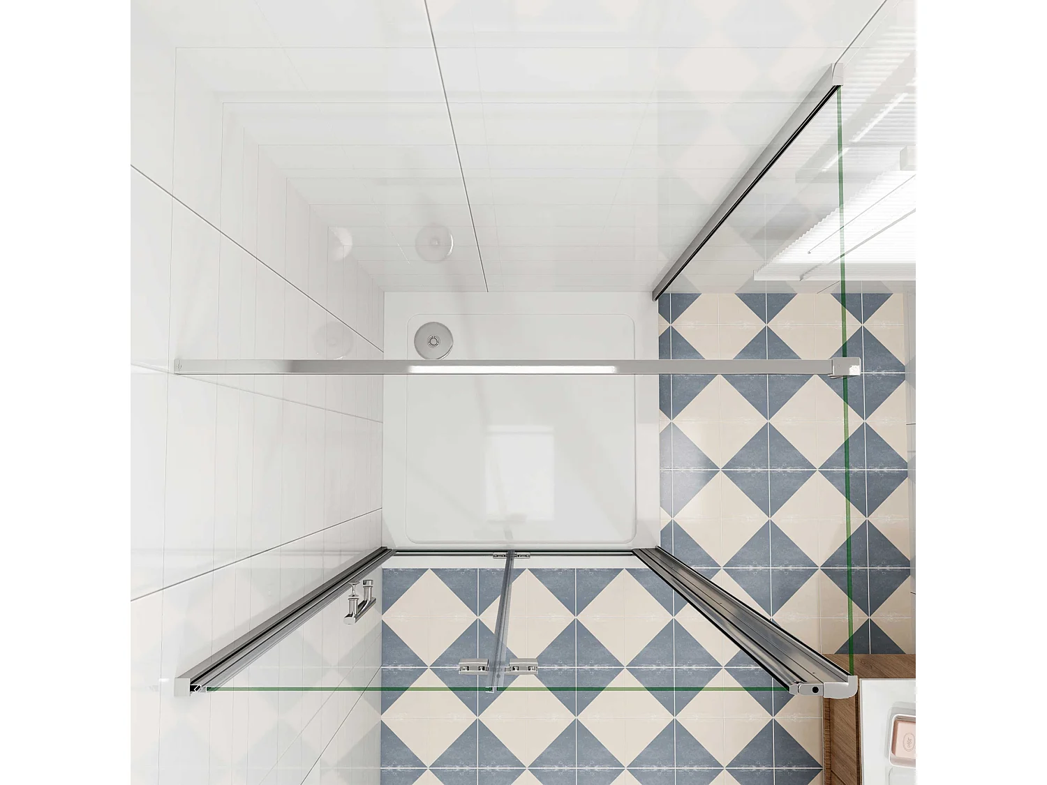 B:110xD:80x185cm,Douchecabine met vouwdeur en vaste zijwand ,NANO EasyClean veiligheidsglas,F-vorm 140 cm Stabilisatiestang
