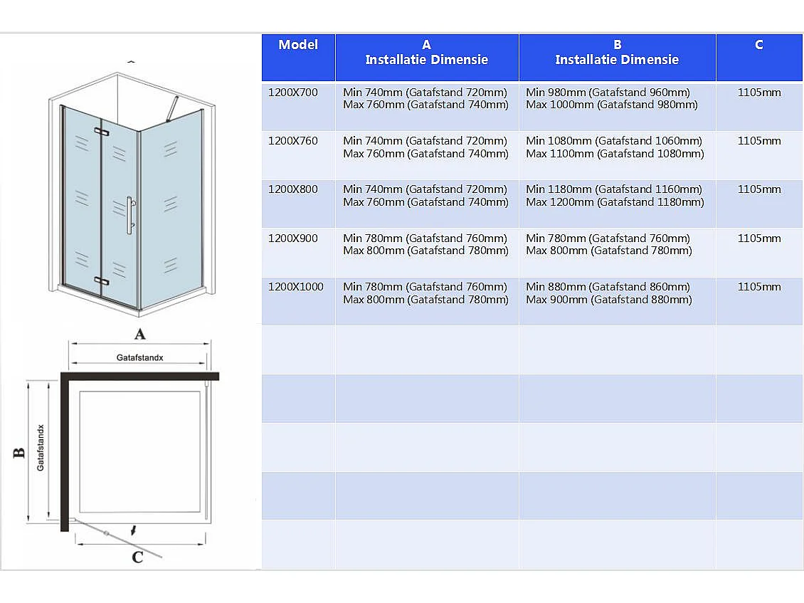 Douchecabine met vouwdeur en vaste zijwand ,NANO EasyClean veiligheidsglas,B:120xD:100x195cm,70-120cm Stabilisatiestang