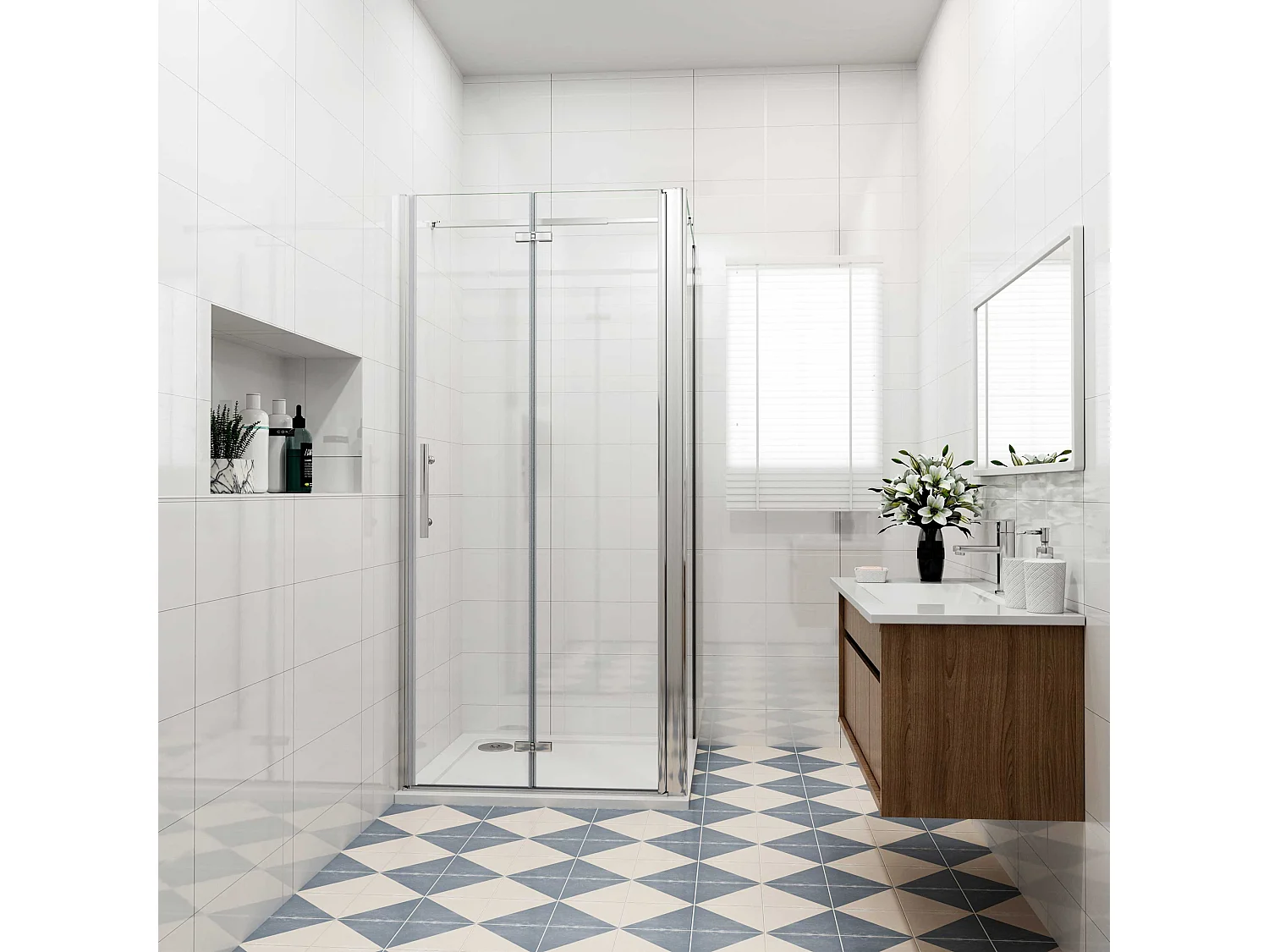 Douchecabine 90x90x195cm, draaideur+ vouwdeur (L-vorm),NANO EasyClean veiligheidsglas,stabilisatiestang 73-120cm