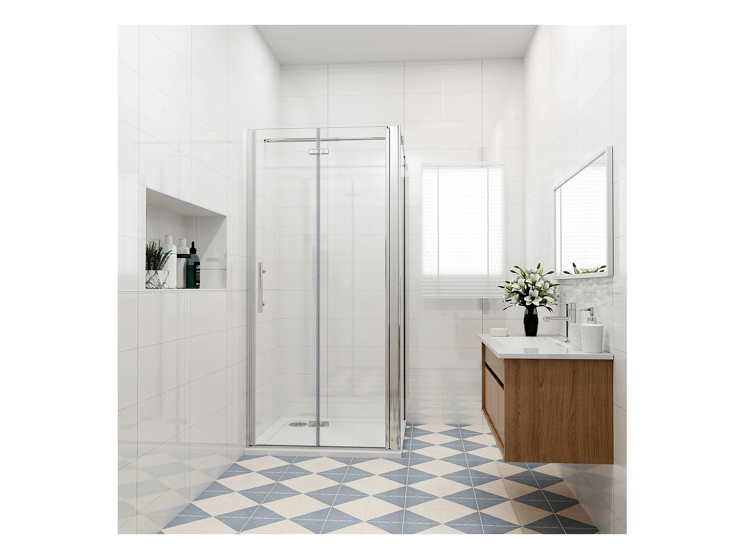 Douchecabine 120x90x195cm, draaideur+ vouwdeur (L-vorm),NANO EasyClean veiligheidsglas,stabilisatiestang 70-120cm