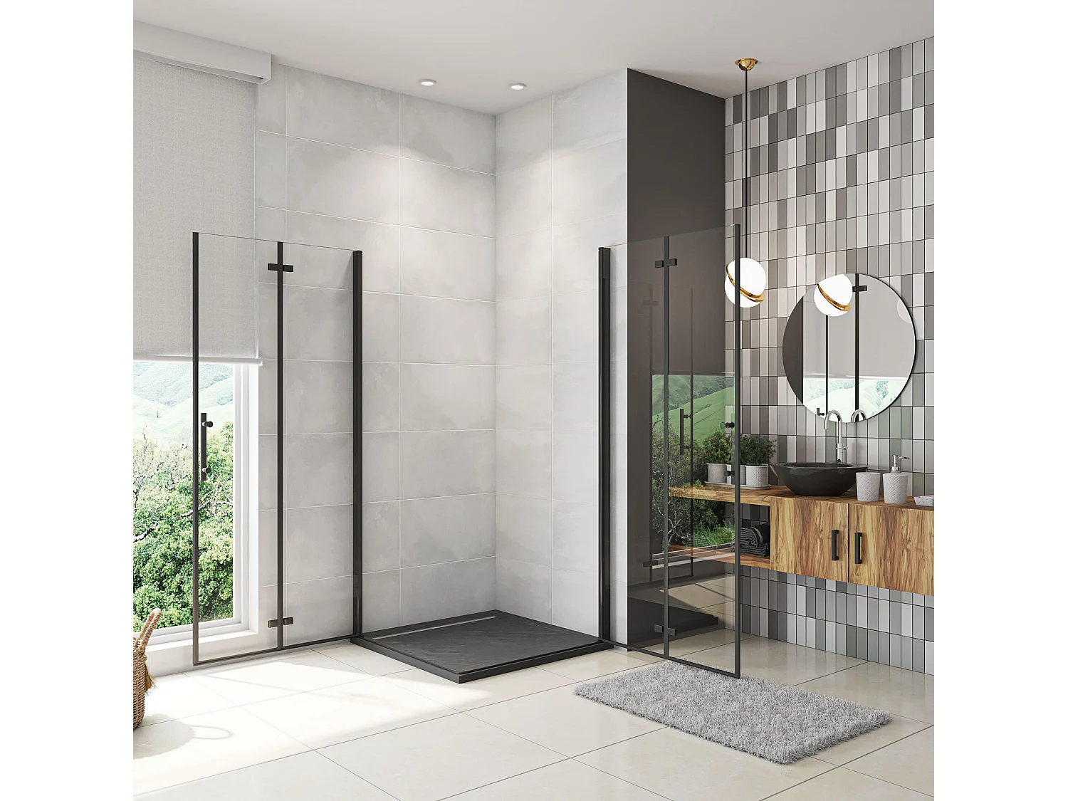 76x90x185cm Douchecabine Vierkant Hoekinstap Draaideur Antikalk Helder Glas Mat Zwart Profiel 6mm Veiligheidsglas Easy Clean