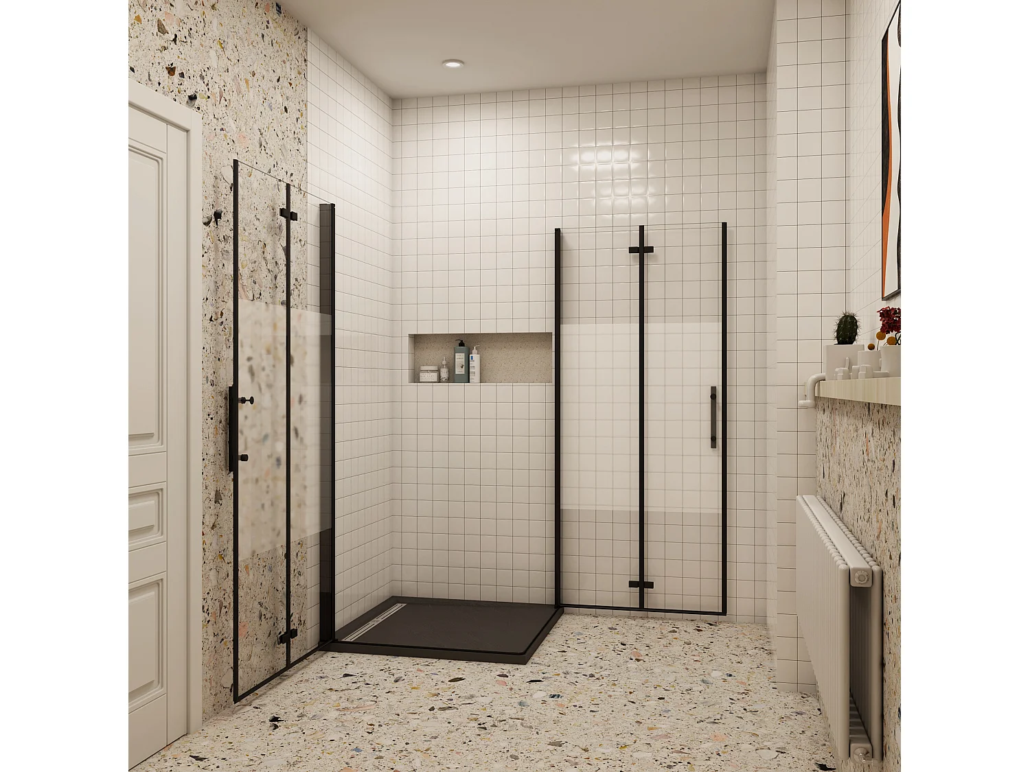 76x76x195cm Douchecabine Vierkant Hoekinstap Draaideur Antikalk Helder Glas Mat Zwart Profiel 6mm Veiligheidsglas Easy Clean,ondoorzichtige matte middenstrook