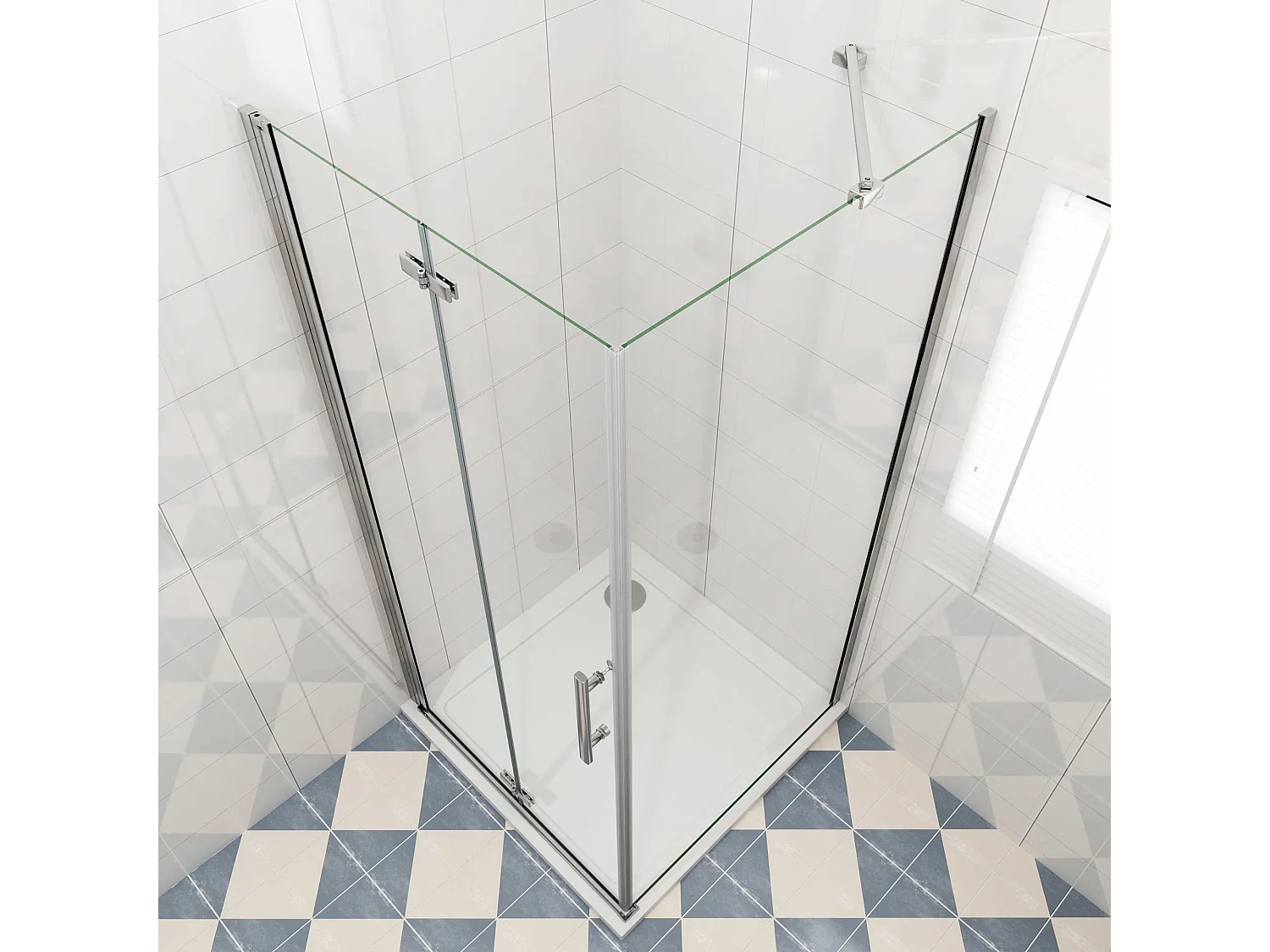 Douchecabine met vouwdeur en vaste zijwand ,NANO EasyClean veiligheidsglas,B:90xD:100x195cm,45cm Stabilisatiestang