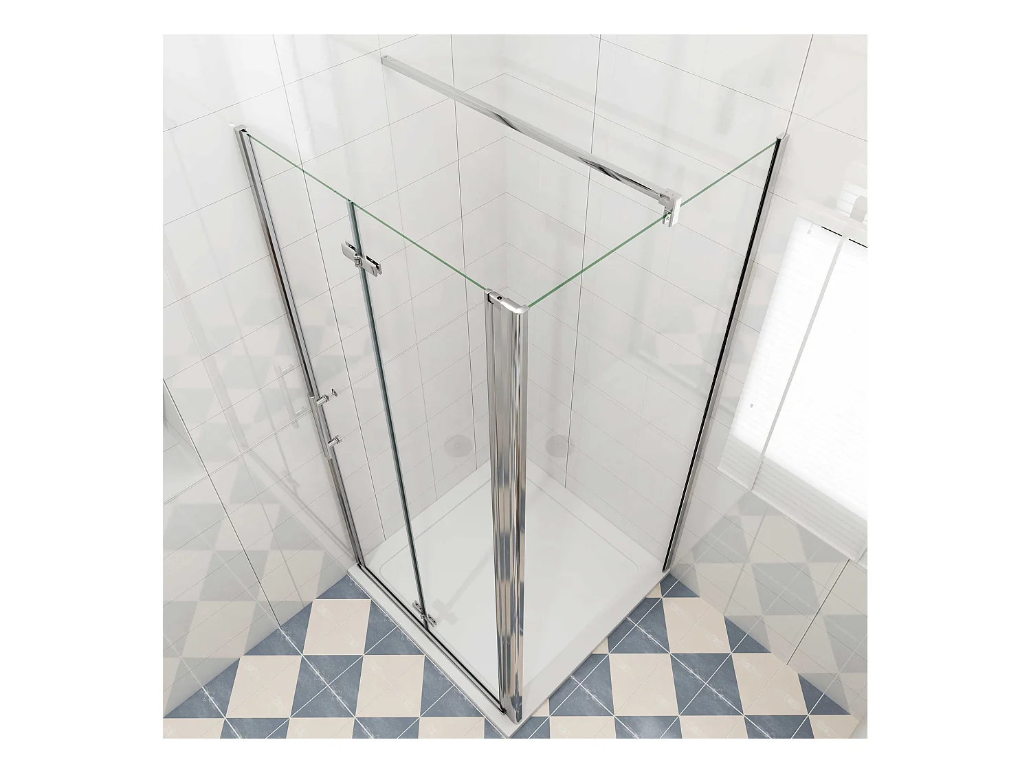 B:110xD:90x185cm,Douchecabine met vouwdeur en vaste zijwand ,NANO EasyClean veiligheidsglas,F-vorm 140 cm Stabilisatiestang