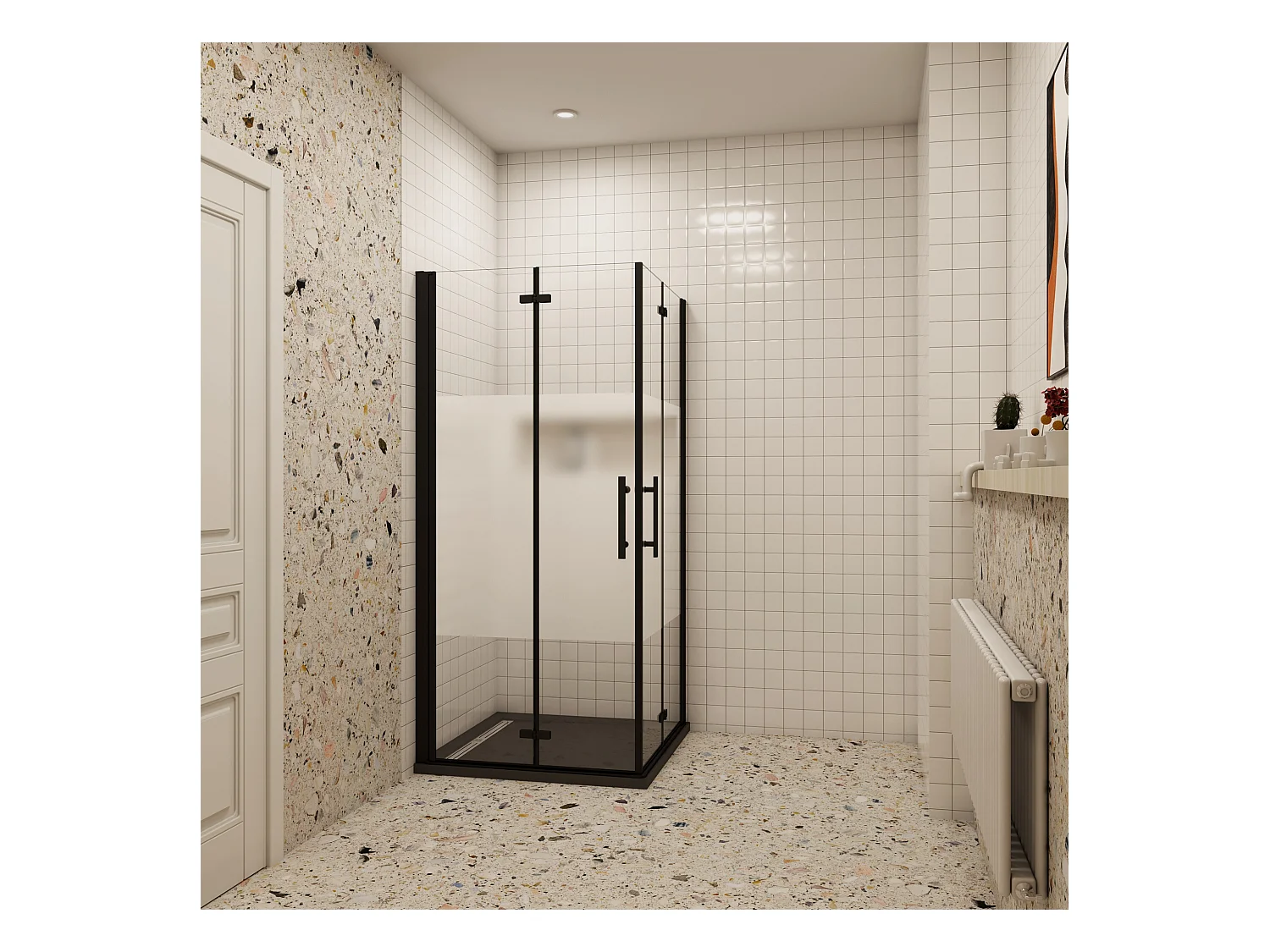 80x80x195cm Douchecabine Vierkant Hoekinstap Draaideur Antikalk Helder Glas Mat Zwart Profiel 6mm Veiligheidsglas Easy Clean,ondoorzichtige matte middenstrook