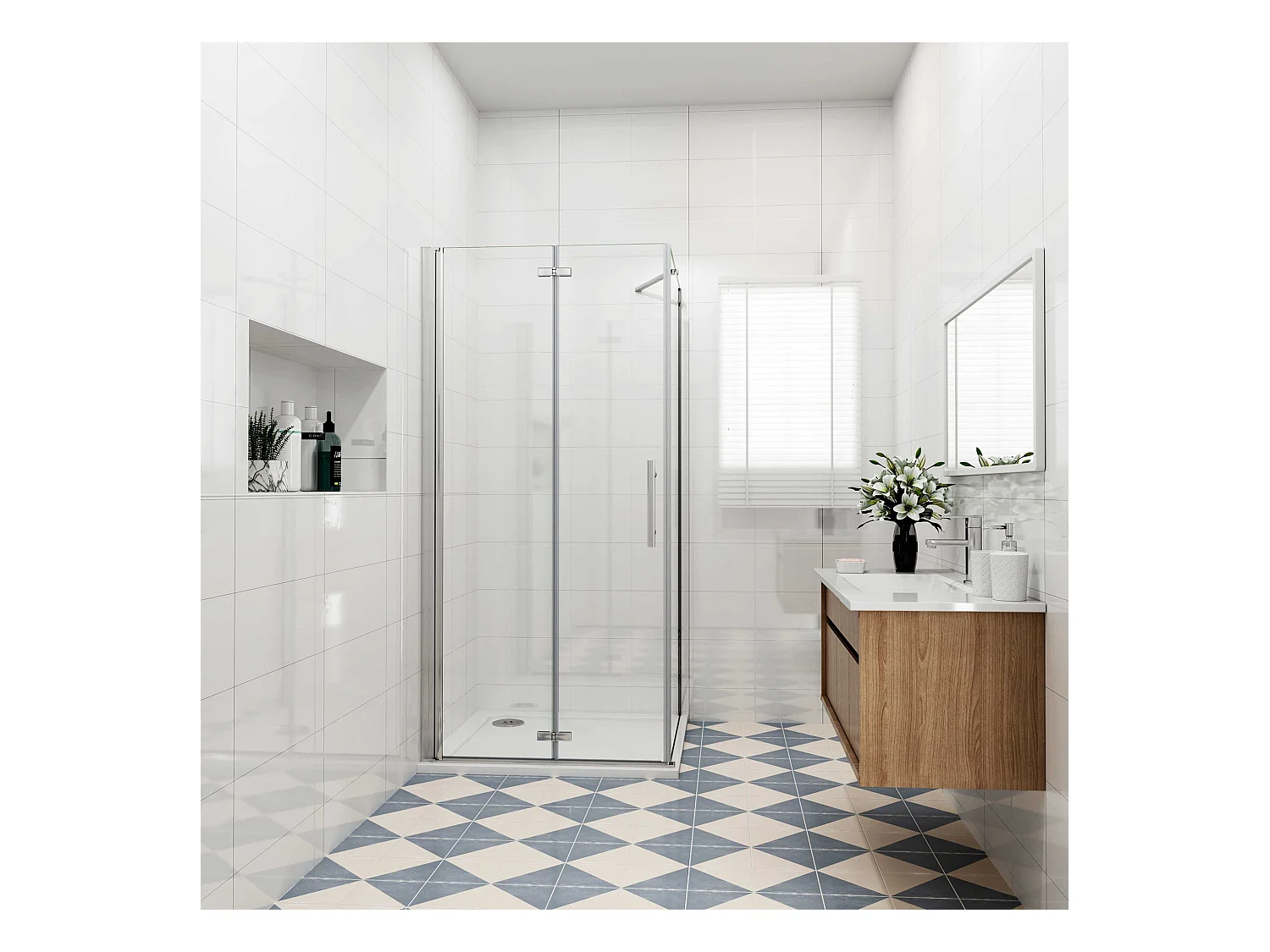 Douchecabine met vouwdeur en vaste zijwand ,NANO EasyClean veiligheidsglas,B:95xD:100x195cm,50cm Stabilisatiestang