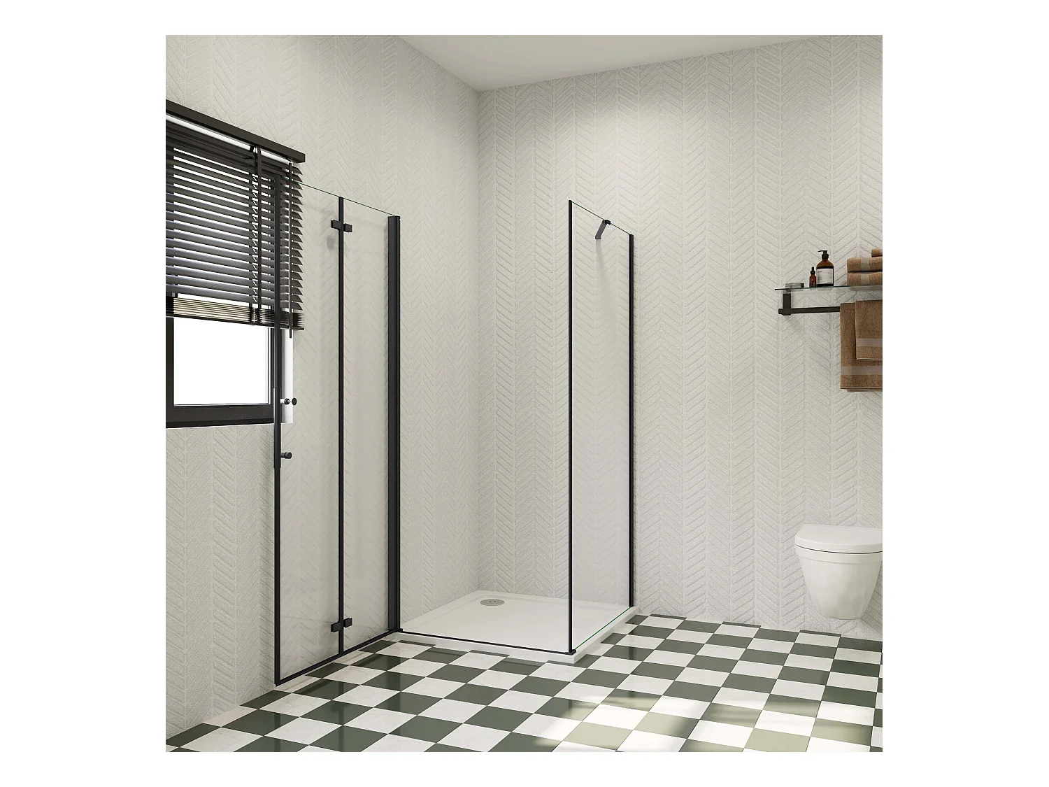 100x100x185cm douchecabine met inklapbare vouwdeur en vaste zijwand, 6mm helder EasyClean veiligheidsglas,mat zwarte aluminium frame, stabilisatiestang 50 cm