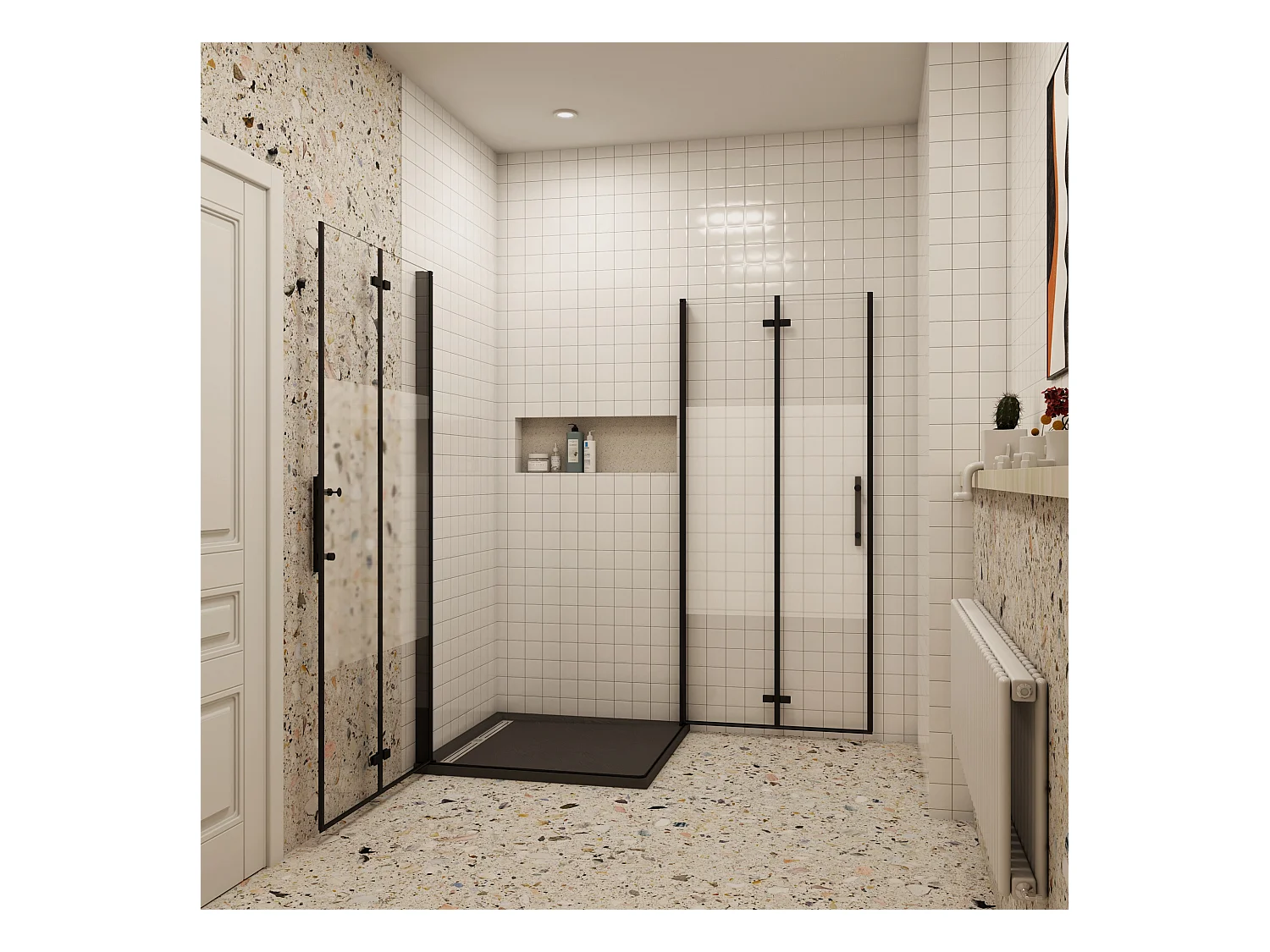 80x110x195cm Douchecabine Vierkant Hoekinstap Draaideur Antikalk Helder Glas Mat Zwart Profiel 6mm Veiligheidsglas Easy Clean,ondoorzichtige matte middenstrook