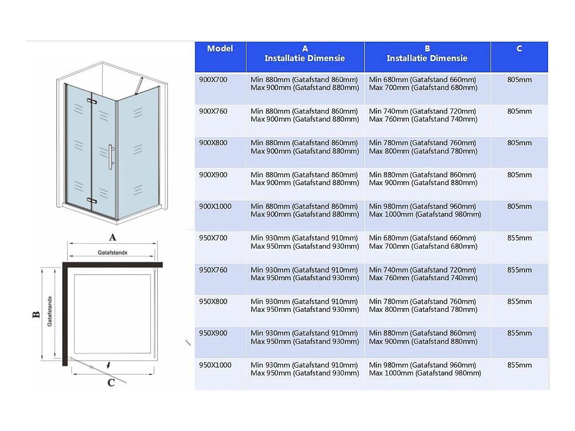 95x90x195cm douchecabine met inklapbare vouwdeur en vaste zijwand, 6mm helder EasyClean veiligheidsglas,mat zwarte aluminium frame, N-vorm 140cm Stabilisatiestang
