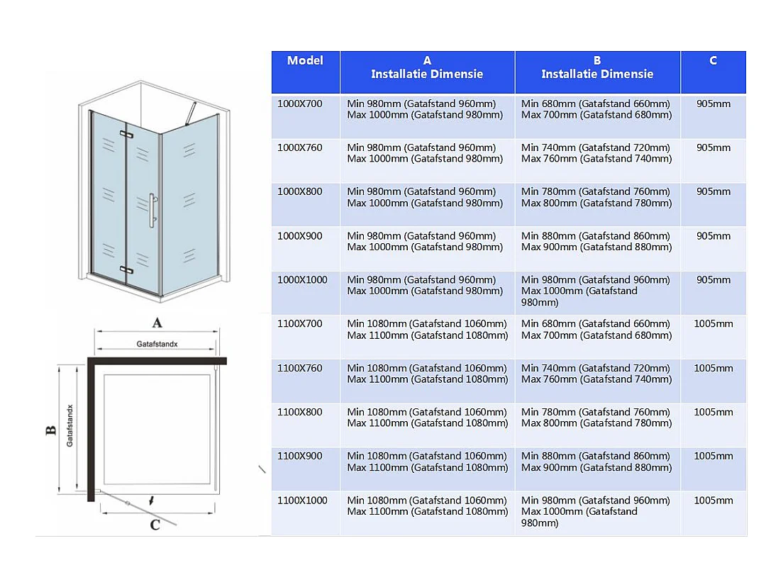 100x76x185cm douchecabine met inklapbare vouwdeur en vaste zijwand, 6mm helder EasyClean veiligheidsglas,mat zwarte aluminium frame, stabilisatiestang 70-120 cm