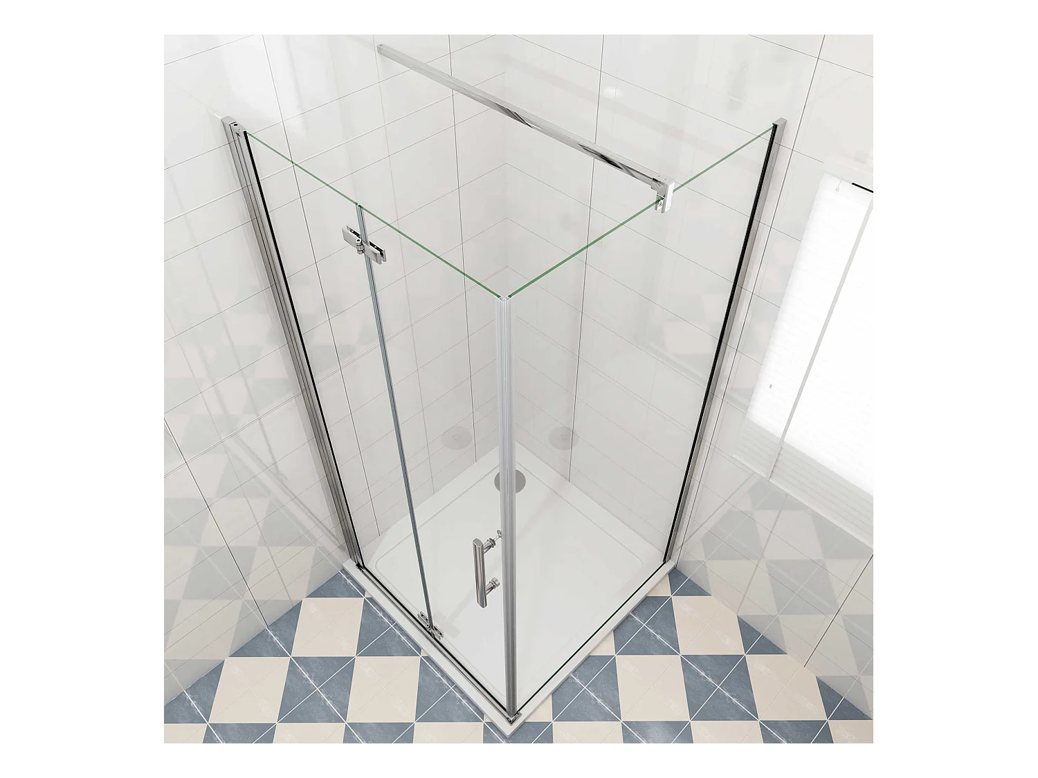 Douchecabine met vouwdeur en vaste zijwand ,NANO EasyClean veiligheidsglas,B:70xD:76x195cm,F-vorm 90cm Stabilisatiestang