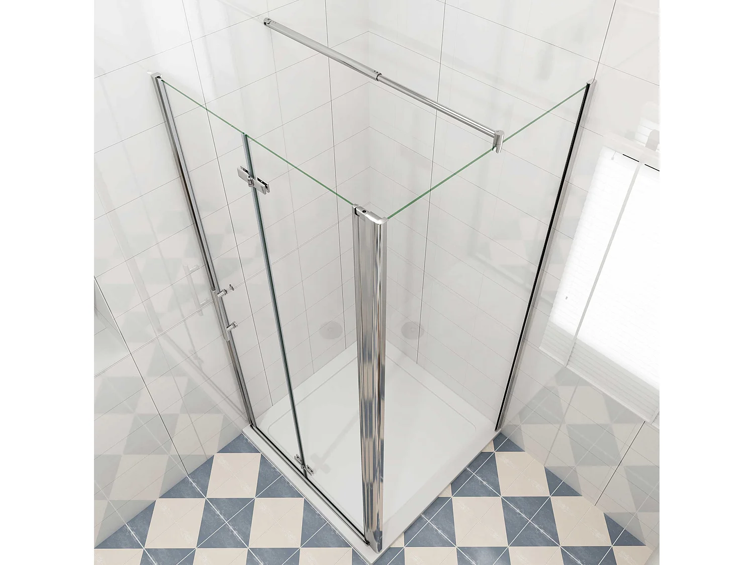 Douchecabine 76x90x195cm, draaideur+ vouwdeur (L-vorm),NANO EasyClean veiligheidsglas,stabilisatiestang 70-120cm