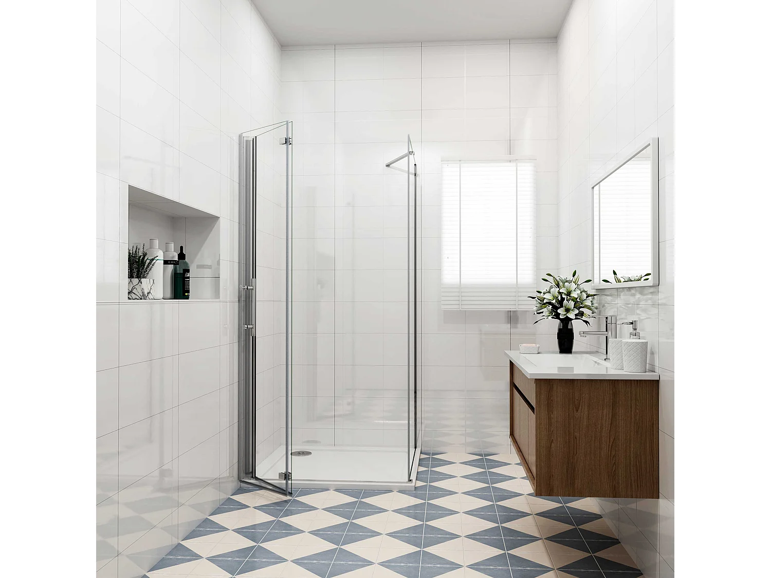 Douchecabine met vouwdeur en vaste zijwand ,NANO EasyClean veiligheidsglas,B:76xD:70x195cm,50cm Stabilisatiestang