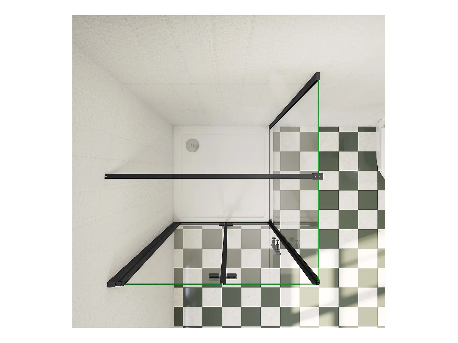 70x80x185 cm douchecabine met inklapbare vouwdeur en vaste zijwand, 6mm helder EasyClean veiligheidsglas,mat zwarte aluminium frame, F-vorm 90cm Stabilisatiestang