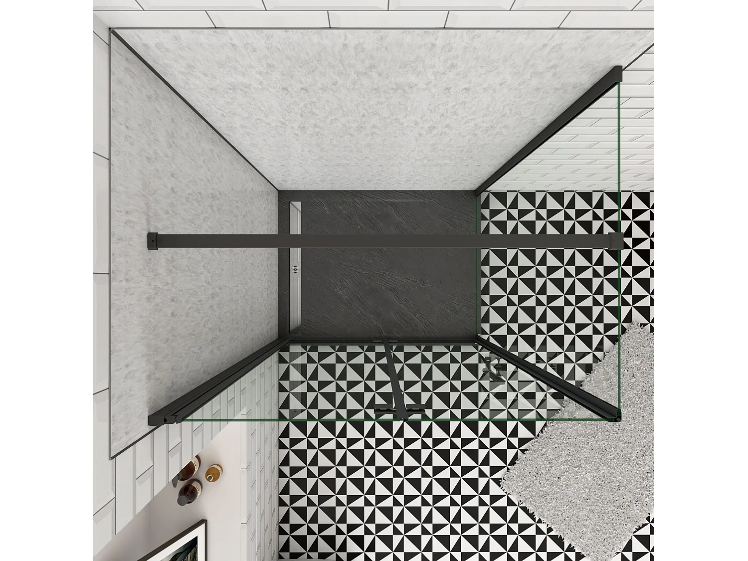 76x100x185cm douchecabine met inklapbare vouwdeur en vaste zijwand, 6mm helder EasyClean veiligheidsglas,mat zwarte aluminium frame, N-vorm 90cm Stabilisatiestang