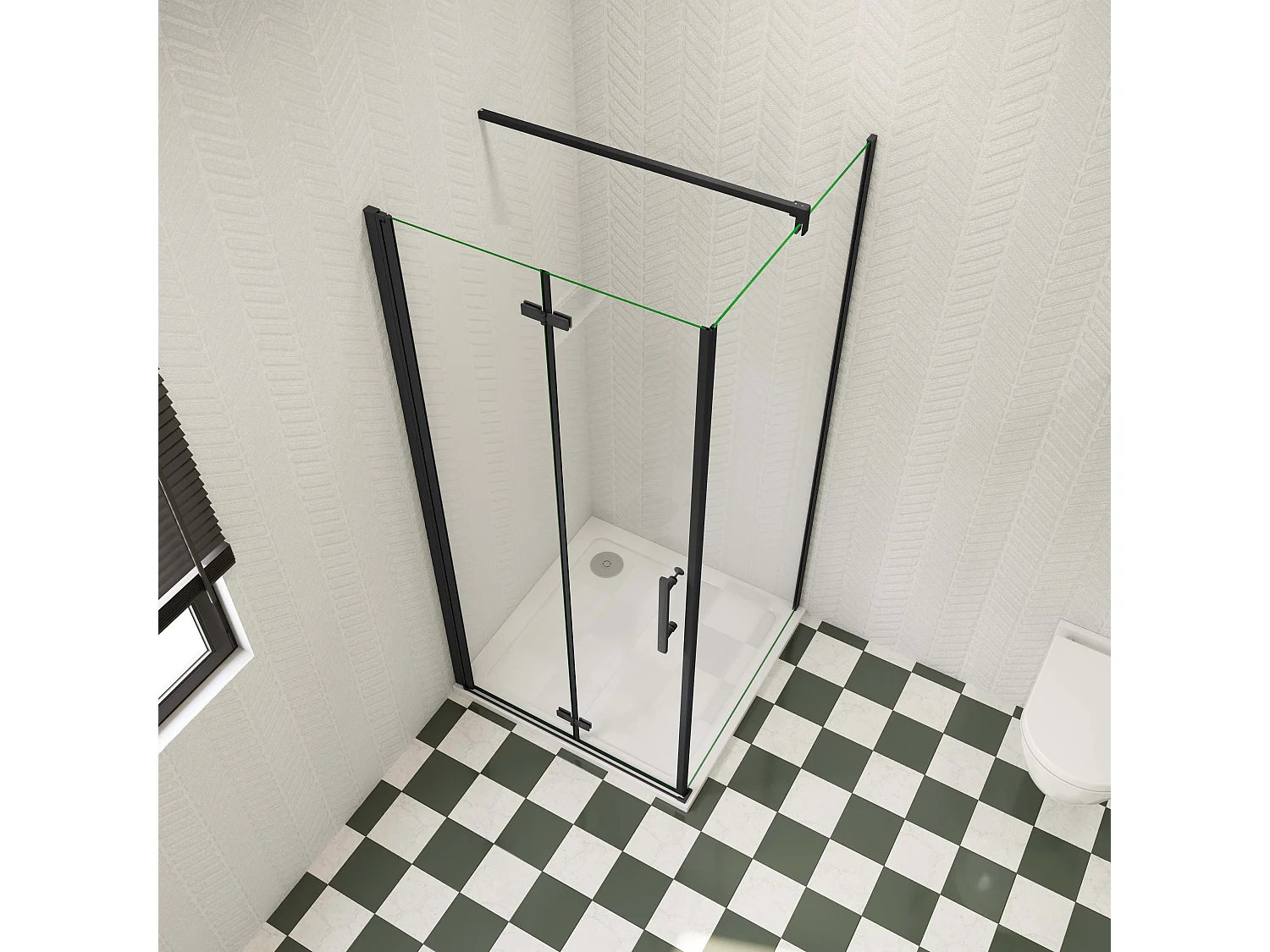 76x80x195cm douchecabine met inklapbare vouwdeur en vaste zijwand, 6mm helder EasyClean veiligheidsglas,mat zwarte aluminium frame, F-vorm 90cm Stabilisatiestang