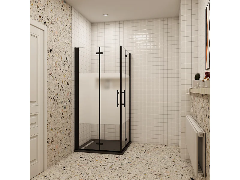 100x100x195cm Douchecabine Vierkant Hoekinstap Draaideur Antikalk Helder Glas Mat Zwart Profiel 6mm Veiligheidsglas Easy Clean,ondoorzichtige matte middenstrook
