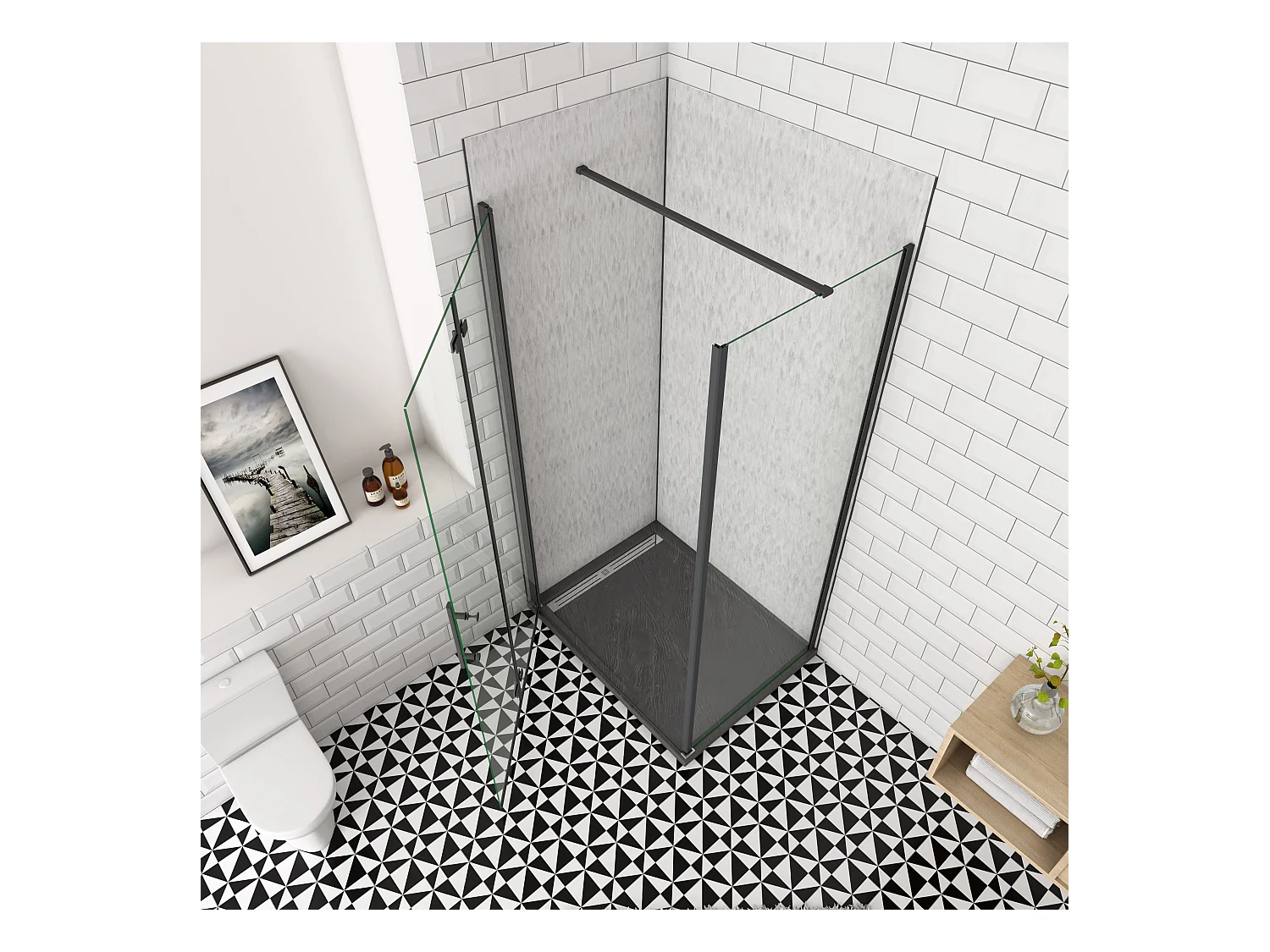 85x90x195cm douchecabine met inklapbare vouwdeur en vaste zijwand, 6mm helder EasyClean veiligheidsglas,mat zwarte aluminium frame, N-vorm 90cm Stabilisatiestang