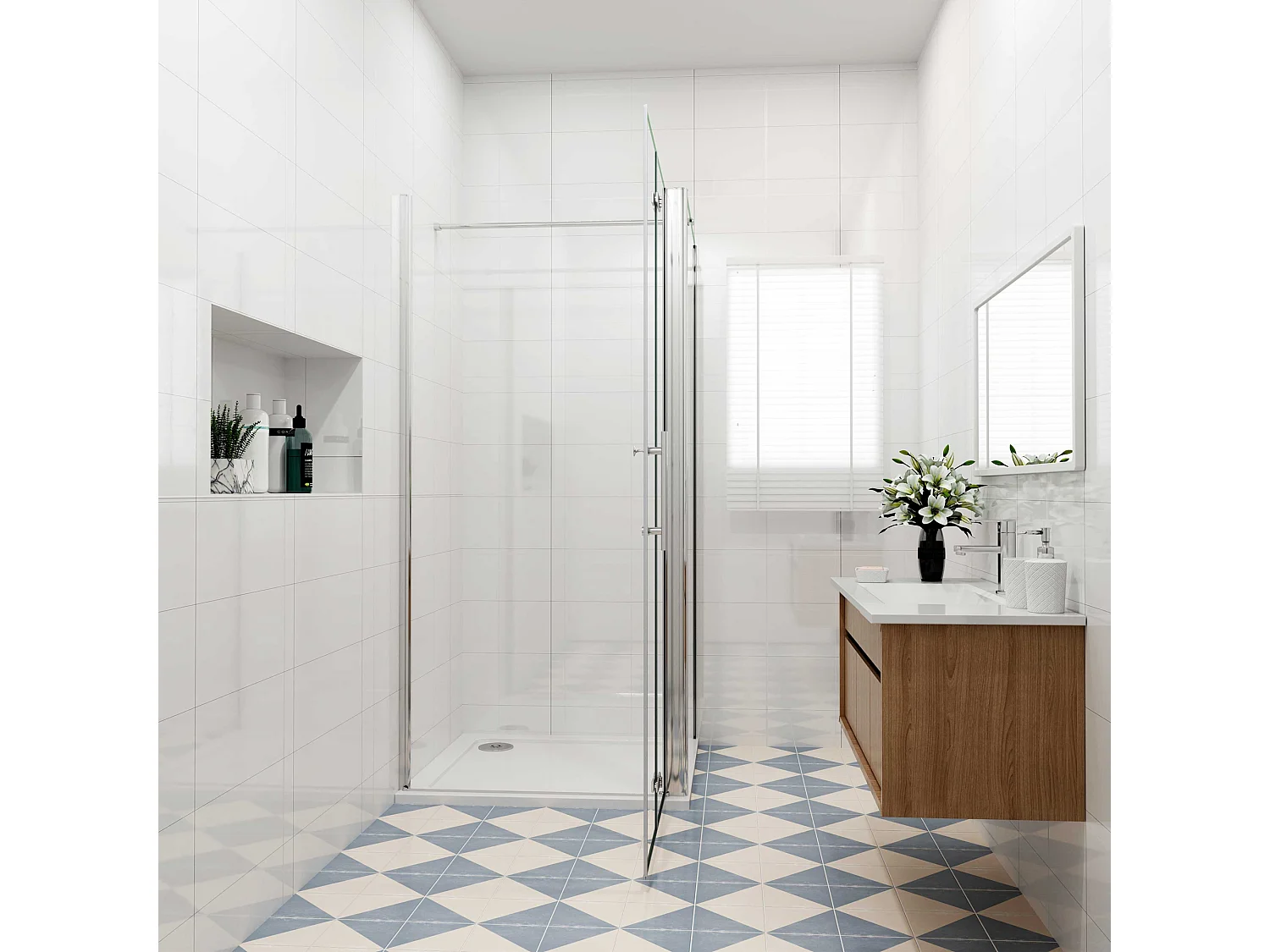 B:120xD:90x185cm,Douchecabine met vouwdeur en vaste zijwand ,NANO EasyClean veiligheidsglas,N-vorm 140cm Stabilisatiestang