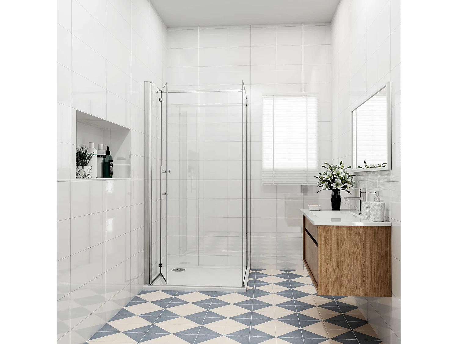 Douchecabine met vouwdeur en vaste zijwand ,NANO EasyClean veiligheidsglas,B:85xD:90x195cm,73-120cm Stabilisatiestang