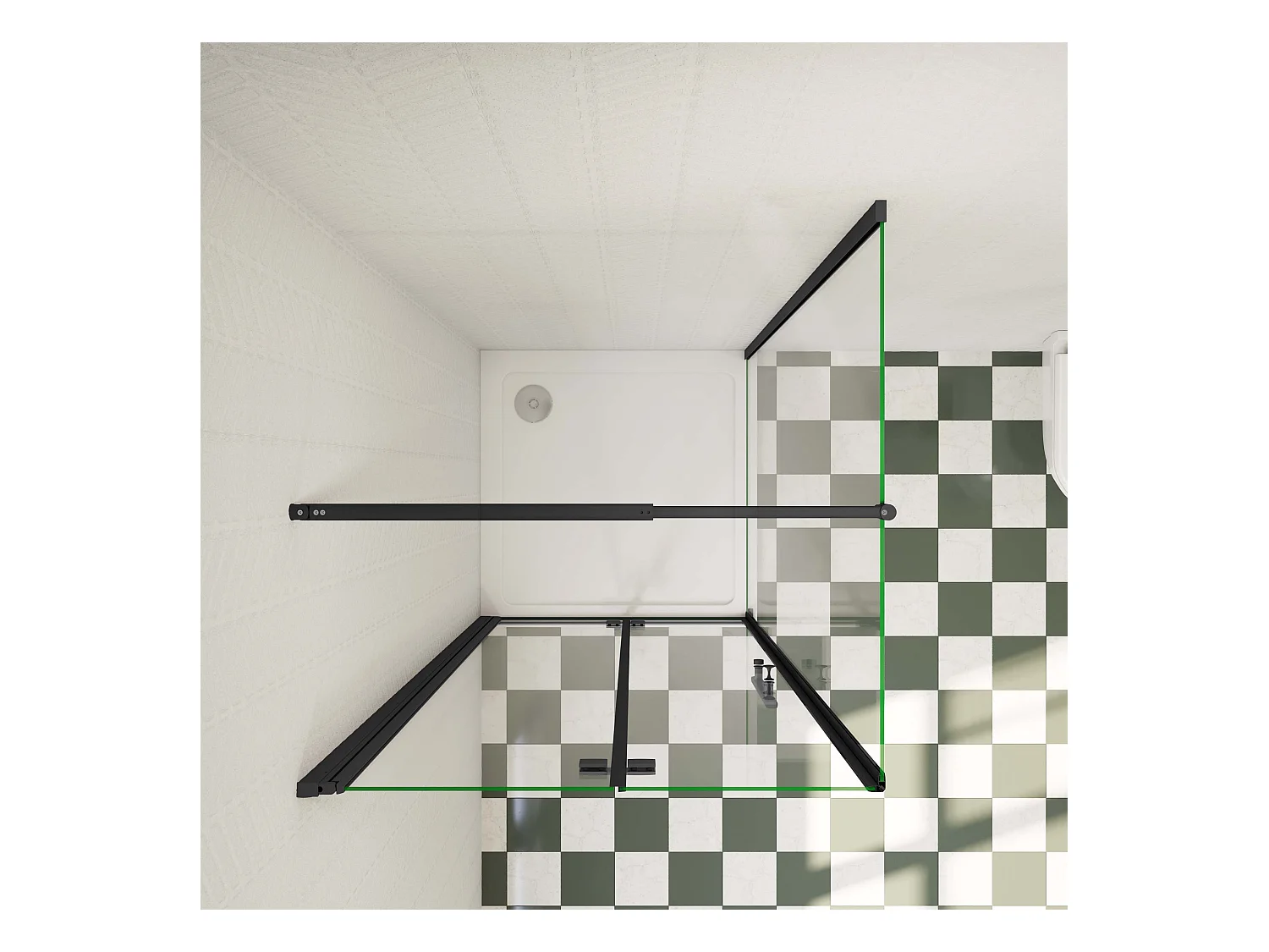 80x90x195cm douchecabine met inklapbare vouwdeur en vaste zijwand, 6mm helder EasyClean veiligheidsglas,mat zwarte aluminium frame, stabilisatiestang 70-120 cm