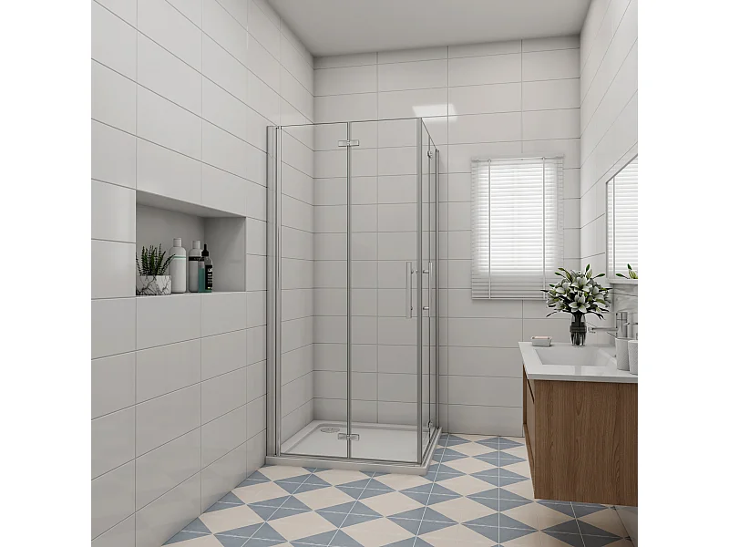 Vierkante douchecabine 90x90x185cm,dubbele vouwdeur,hoek instap,6mm veiligheidsglas nano coating