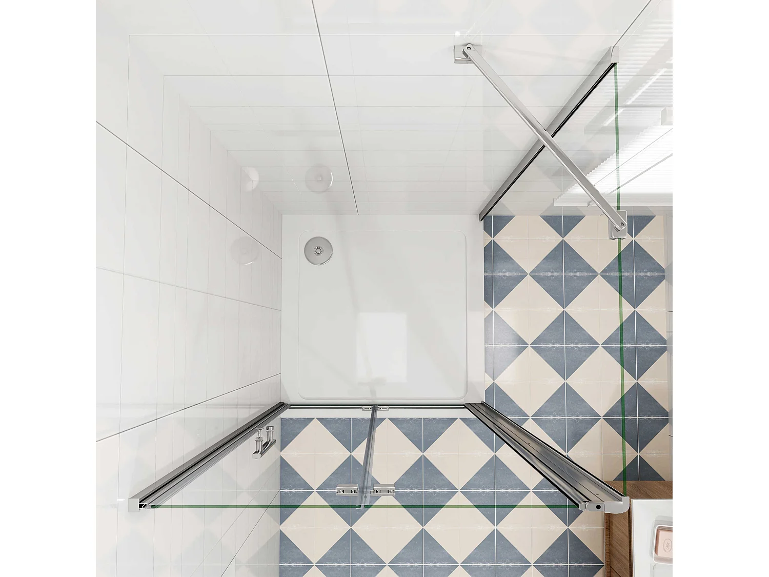 Douchecabine 95x80x195cm, draaideur+ vouwdeur (L-vorm),NANO EasyClean veiligheidsglas,stabilisatiestang 45cm