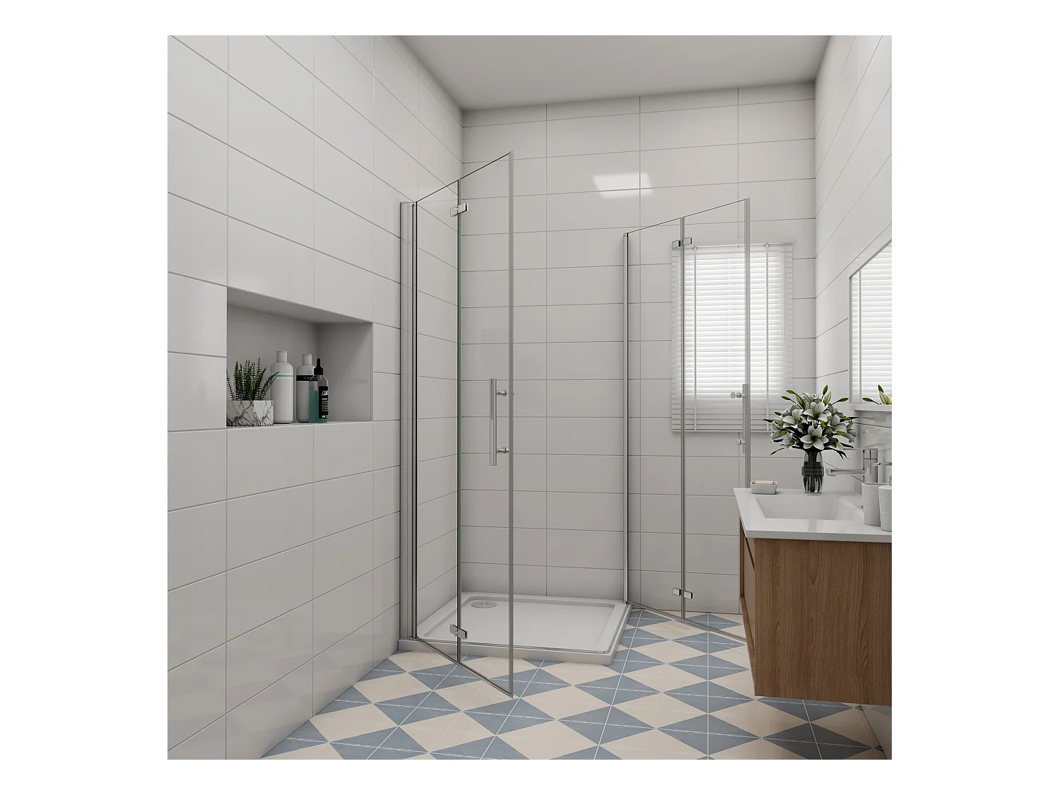 Vierkante douchecabine 76x110x185cm,dubbele vouwdeur,hoek instap,10mm veiligheidsglas nano coating