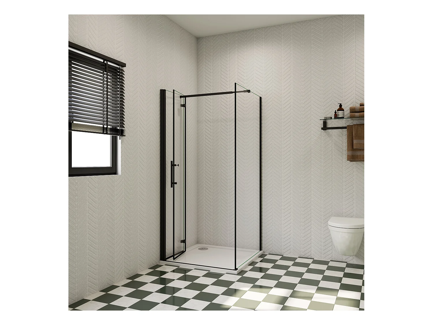 76x80x195cm douchecabine met inklapbare vouwdeur en vaste zijwand, 6mm helder EasyClean veiligheidsglas,mat zwarte aluminium frame, stabilisatiestang 73-120 cm