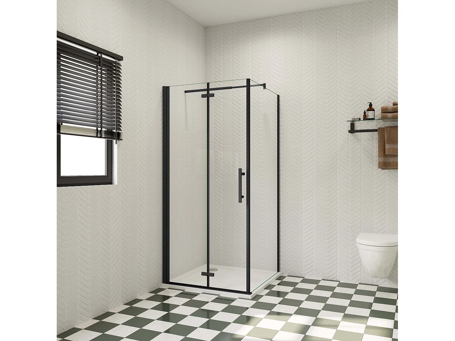 110x70x185cm douchecabine met inklapbare vouwdeur en vaste zijwand, 6mm helder EasyClean veiligheidsglas,mat zwarte aluminium frame, stabilisatiestang 70-120 cm