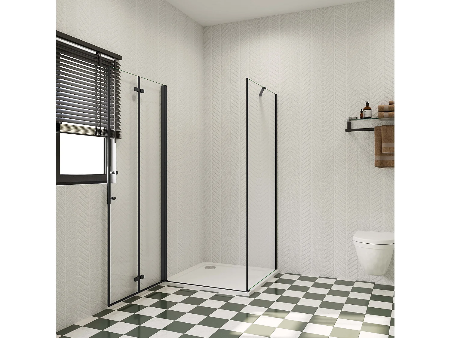 120x70x195cm douchecabine met inklapbare vouwdeur en vaste zijwand, 6mm helder EasyClean veiligheidsglas,mat zwarte aluminium frame, stabilisatiestang 50 cm