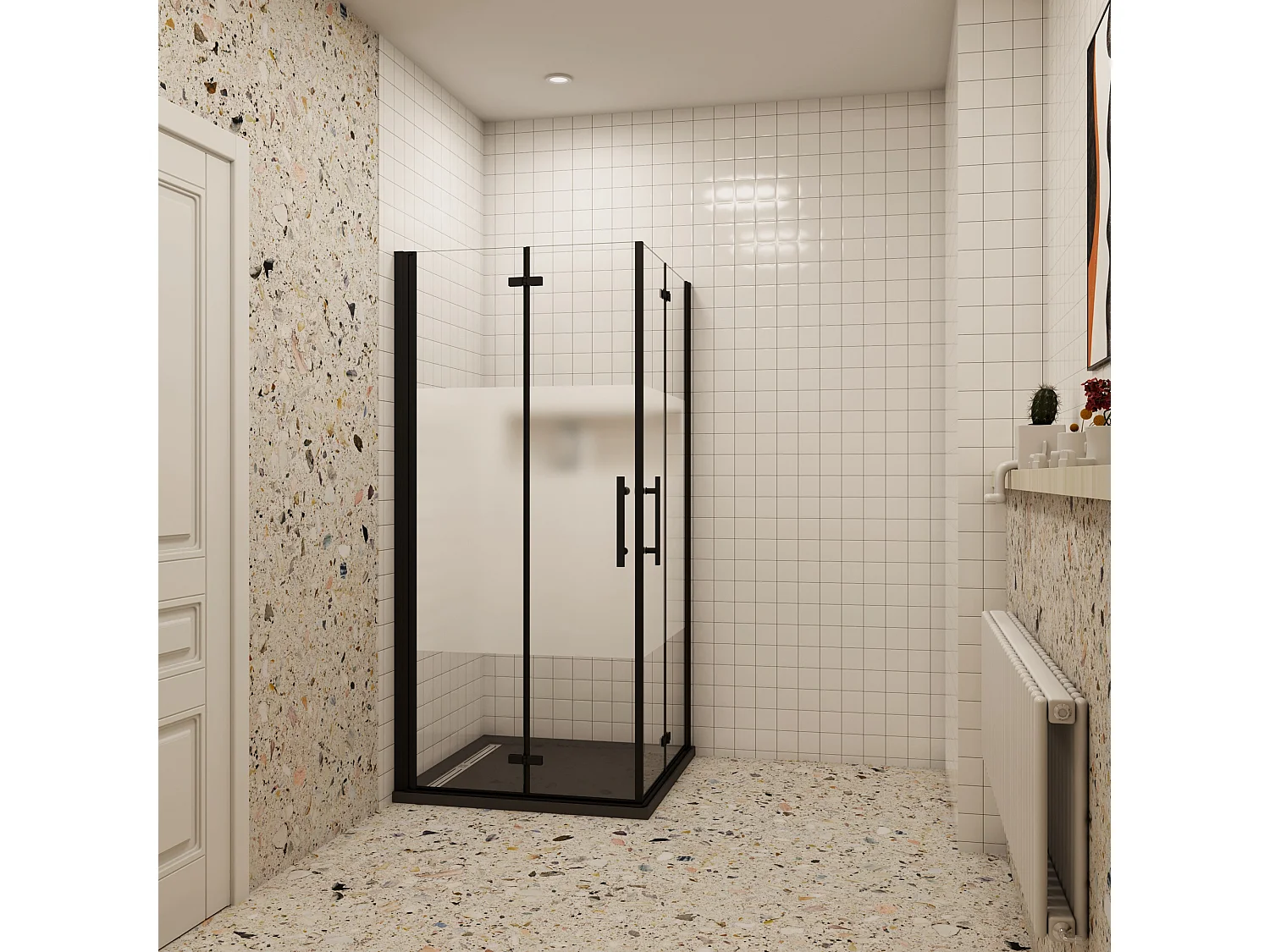 80x90x195cm Douchecabine Vierkant Hoekinstap Draaideur Antikalk Helder Glas Mat Zwart Profiel 6mm Veiligheidsglas Easy Clean,ondoorzichtige matte middenstrook