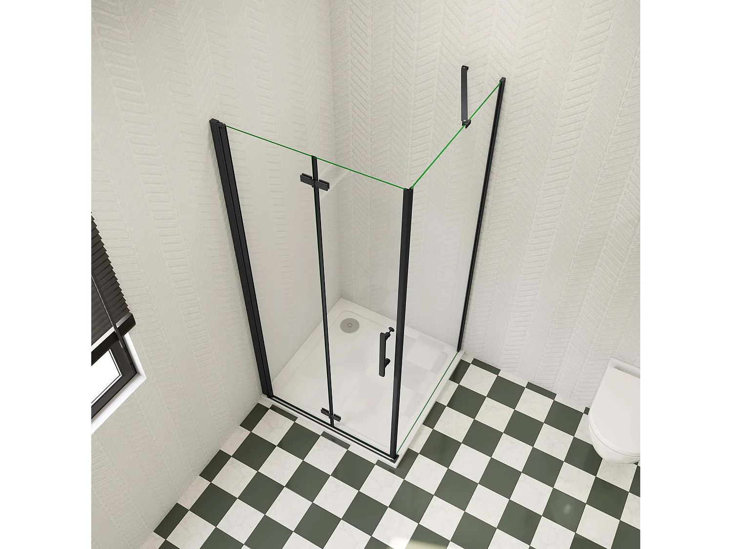 70x70x195cm douchecabine met inklapbare vouwdeur en vaste zijwand, 6mm helder EasyClean veiligheidsglas,mat zwarte aluminium frame, stabilisatiestang 50 cm