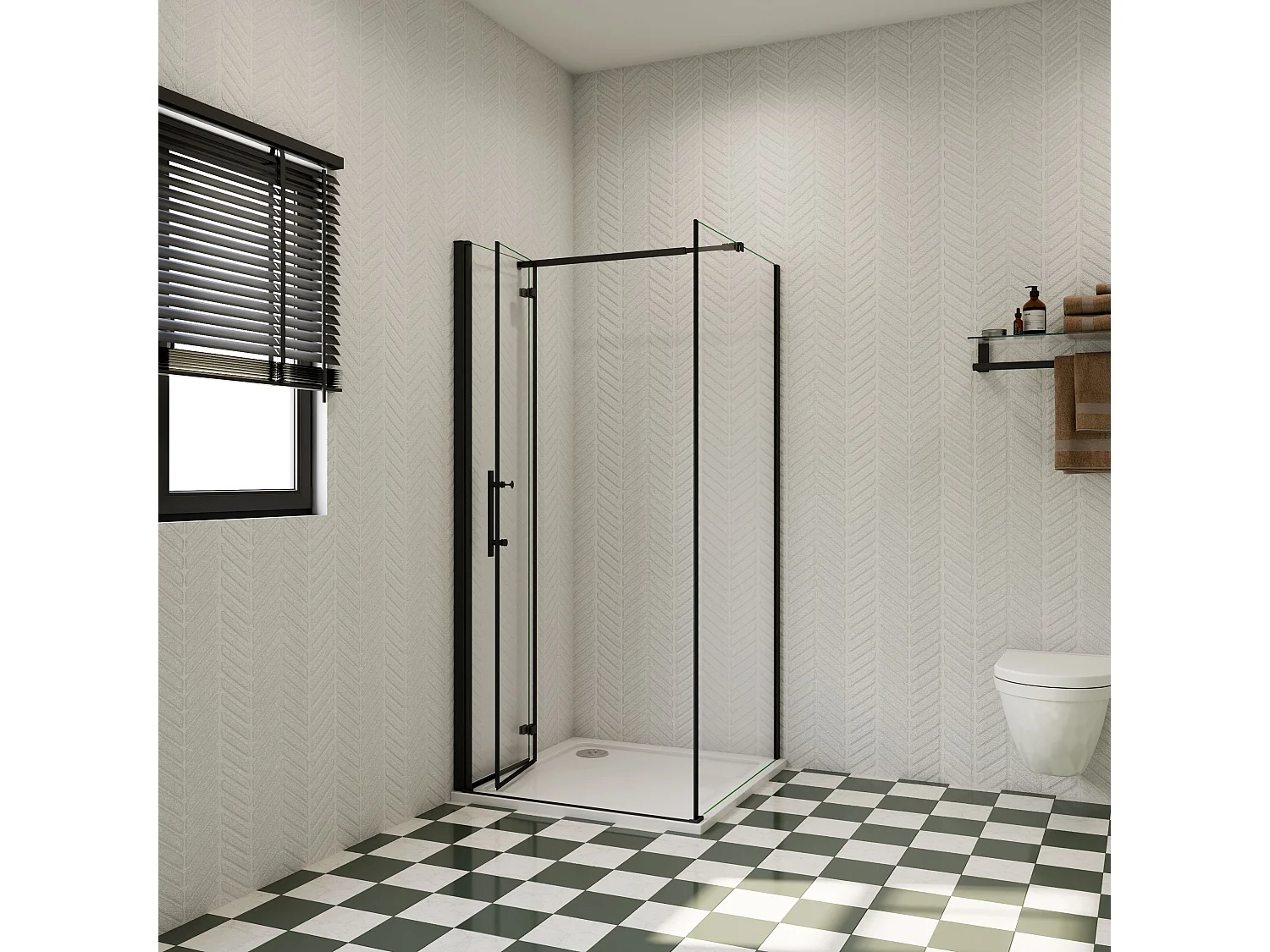 76x70x195cm douchecabine met inklapbare vouwdeur en vaste zijwand, 6mm helder EasyClean veiligheidsglas,mat zwarte aluminium frame, stabilisatiestang 73-120 cm