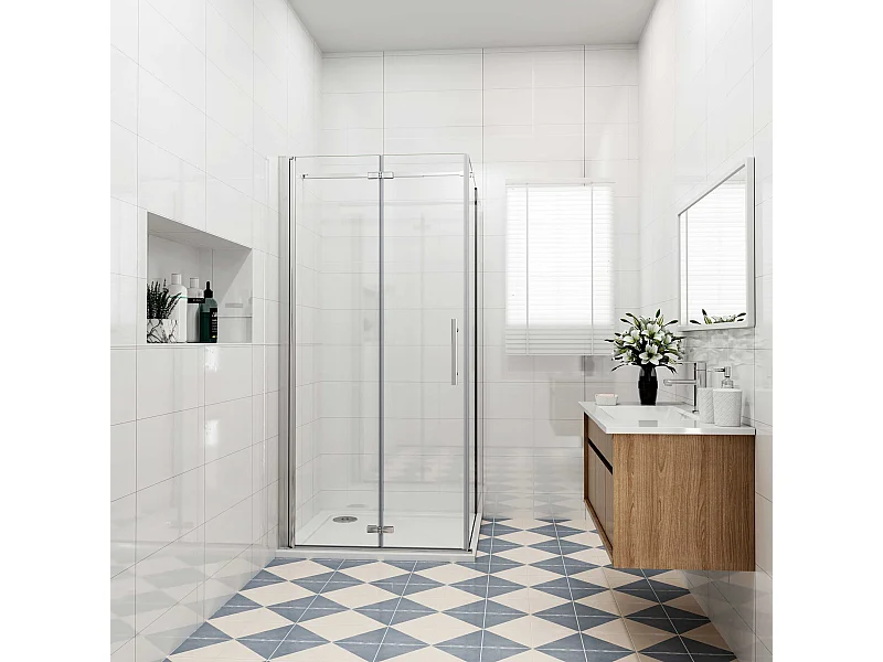 Douchecabine met vouwdeur en vaste zijwand ,NANO EasyClean veiligheidsglas,B:100xD:76x185cm,73-120cm Stabilisatiestang