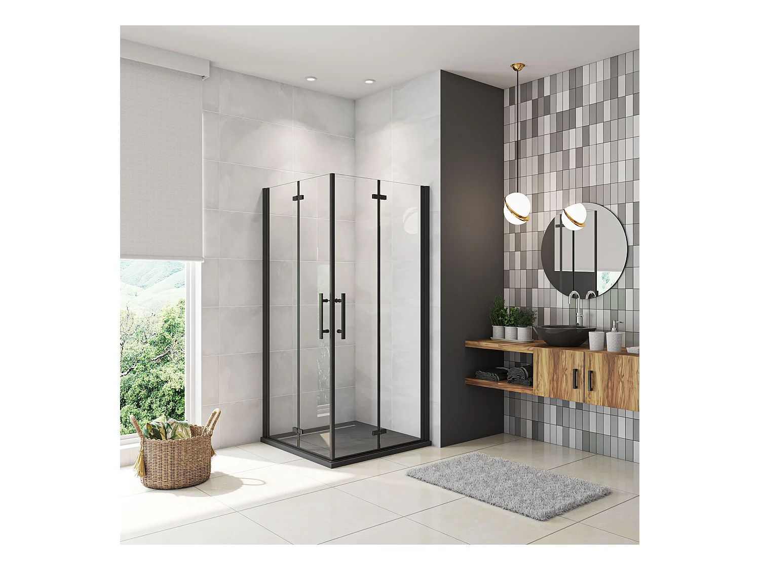 70x100x185cm Douchecabine Vierkant Hoekinstap Draaideur Antikalk Helder Glas Mat Zwart Profiel 6mm Veiligheidsglas Easy Clean