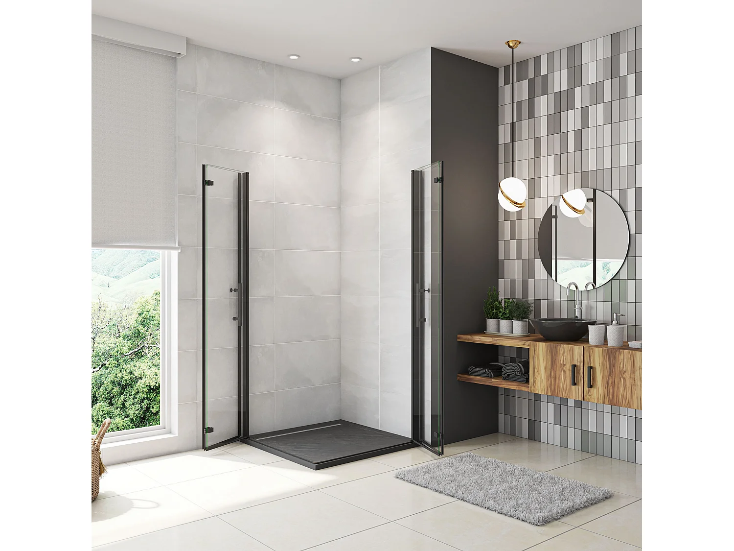 70x100x185cm Douchecabine Vierkant Hoekinstap Draaideur Antikalk Helder Glas Mat Zwart Profiel 6mm Veiligheidsglas Easy Clean