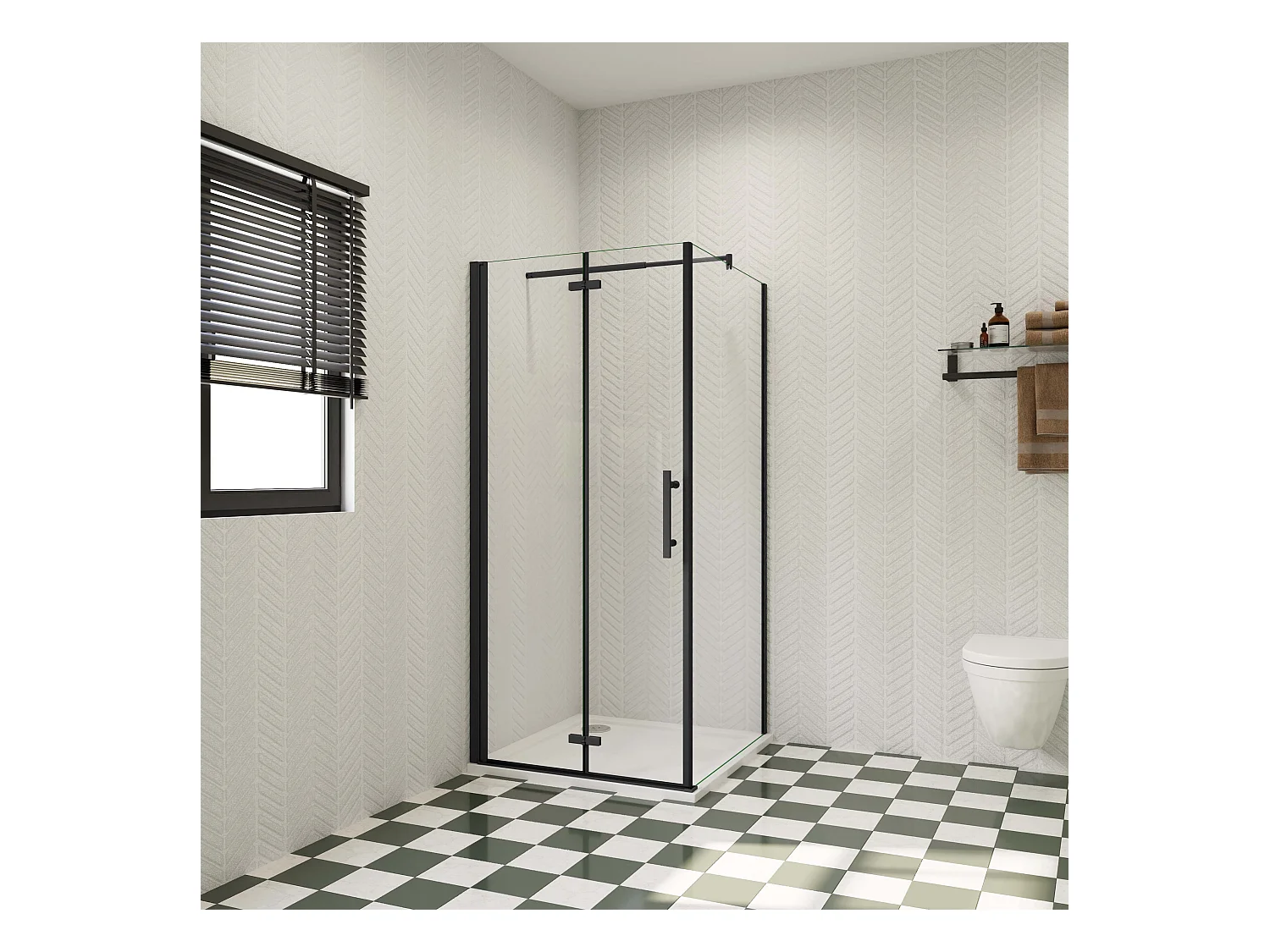 90x100x185cm douchecabine met inklapbare vouwdeur en vaste zijwand, 6mm helder EasyClean veiligheidsglas,mat zwarte aluminium frame, stabilisatiestang 70-120 cm