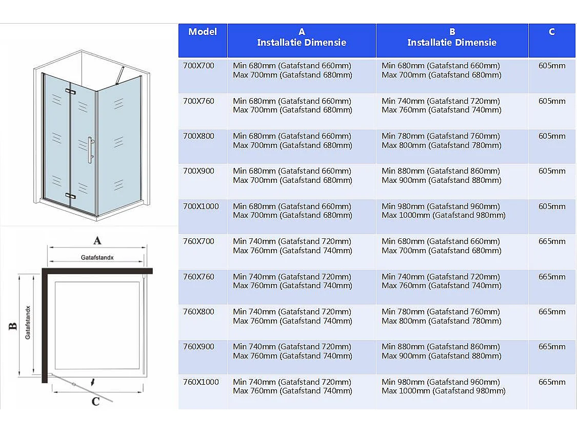 Douchecabine met vouwdeur en vaste zijwand ,NANO EasyClean veiligheidsglas,B:76xD:100x185cm,70-120cm Stabilisatiestang