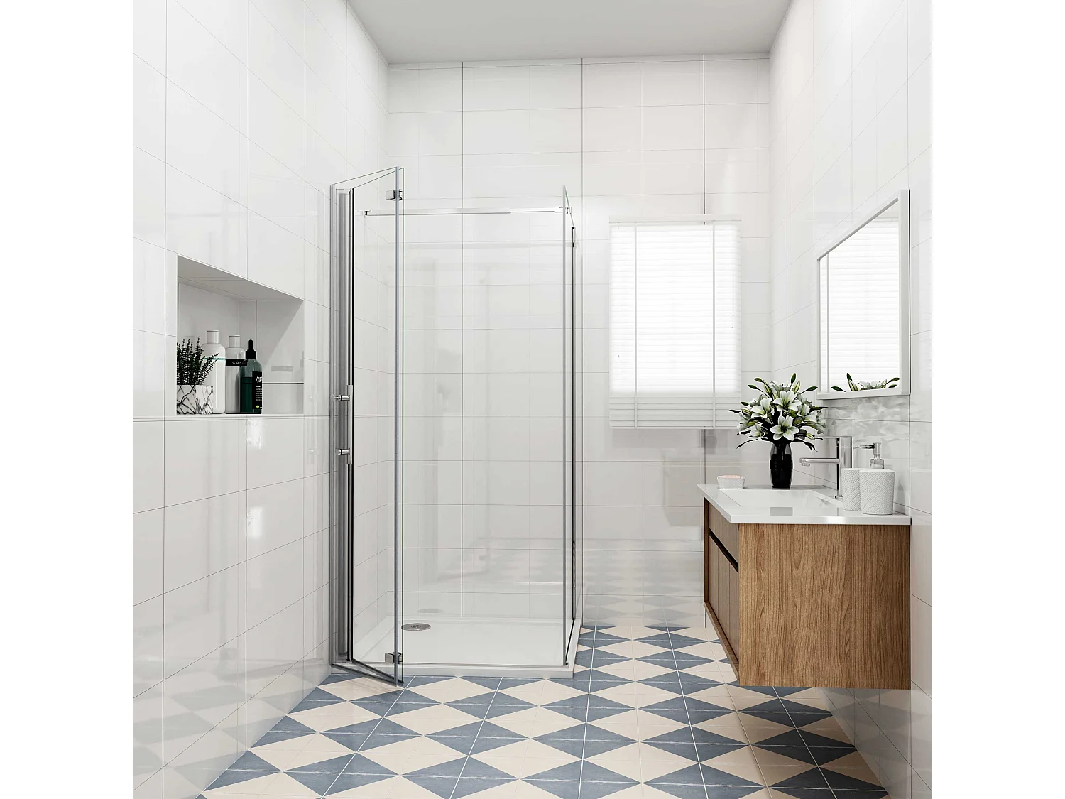 Douchecabine met vouwdeur en vaste zijwand ,NANO EasyClean veiligheidsglas,B:90xD:80x195cm,73-120cm Stabilisatiestang