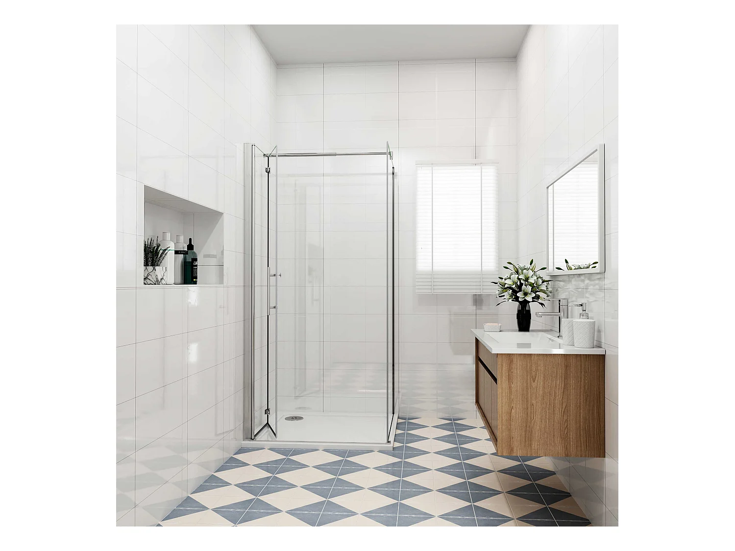 Douchecabine met vouwdeur en vaste zijwand ,NANO EasyClean veiligheidsglas,B:76xD:90x185cm,70-120cm Stabilisatiestang