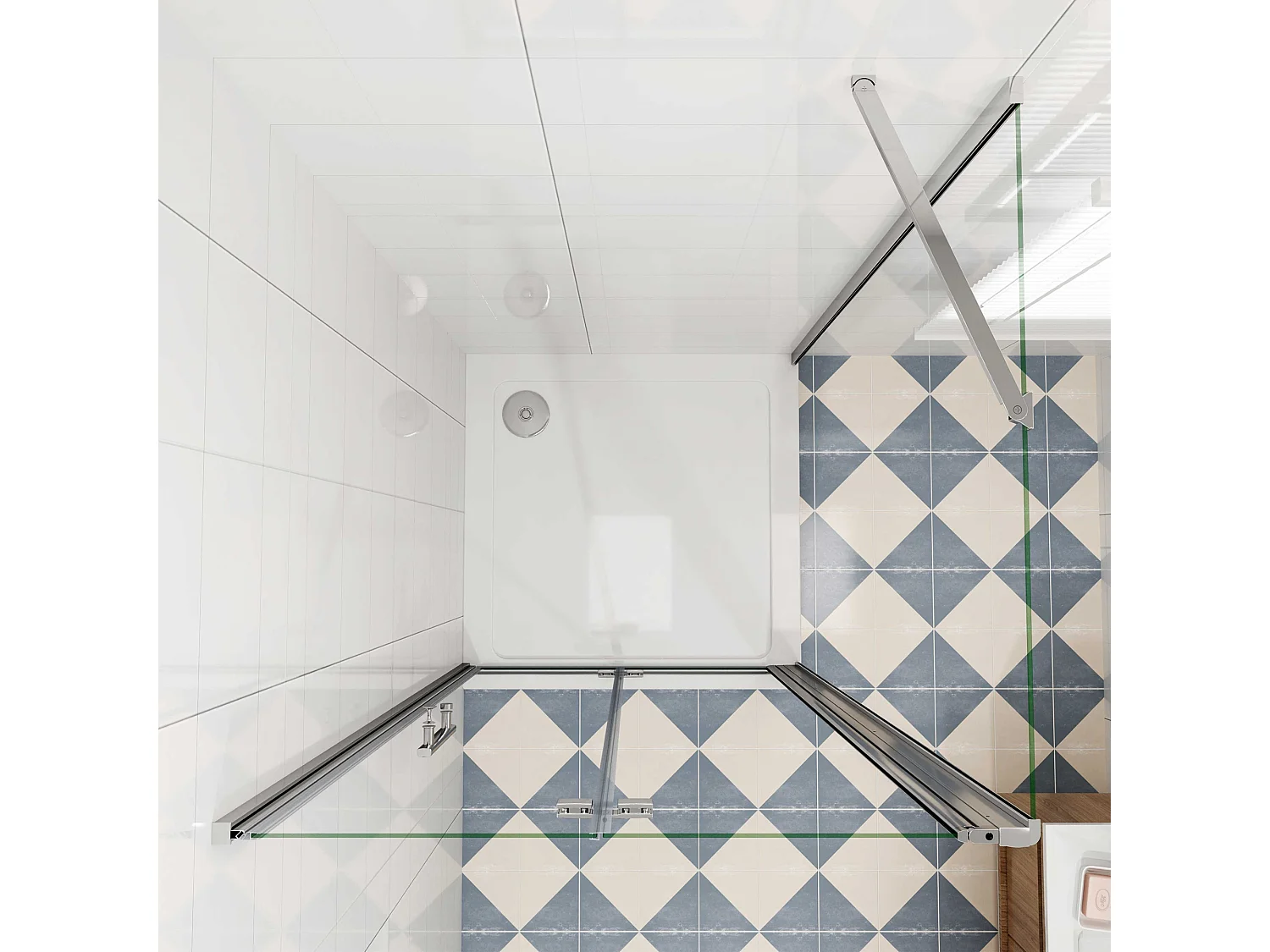 Douchecabine 100x90x195cm, draaideur+ vouwdeur (L-vorm),NANO EasyClean veiligheidsglas,stabilisatiestang 50cm