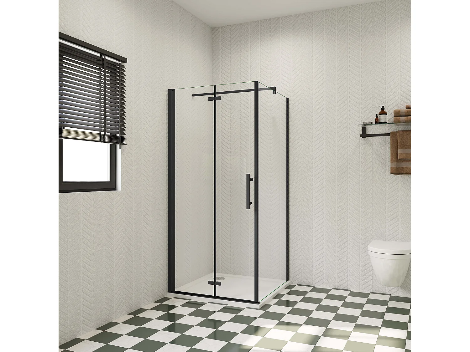 80x90x195cm douchecabine met inklapbare vouwdeur en vaste zijwand, 6mm helder EasyClean veiligheidsglas,mat zwarte aluminium frame, F-vorm 90cm Stabilisatiestang