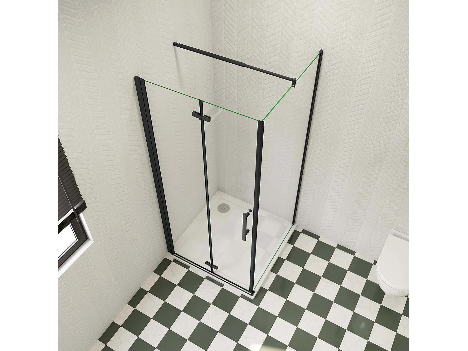 100x70x185cm douchecabine met inklapbare vouwdeur en vaste zijwand, 6mm helder EasyClean veiligheidsglas,mat zwarte aluminium frame, stabilisatiestang 70-120 cm