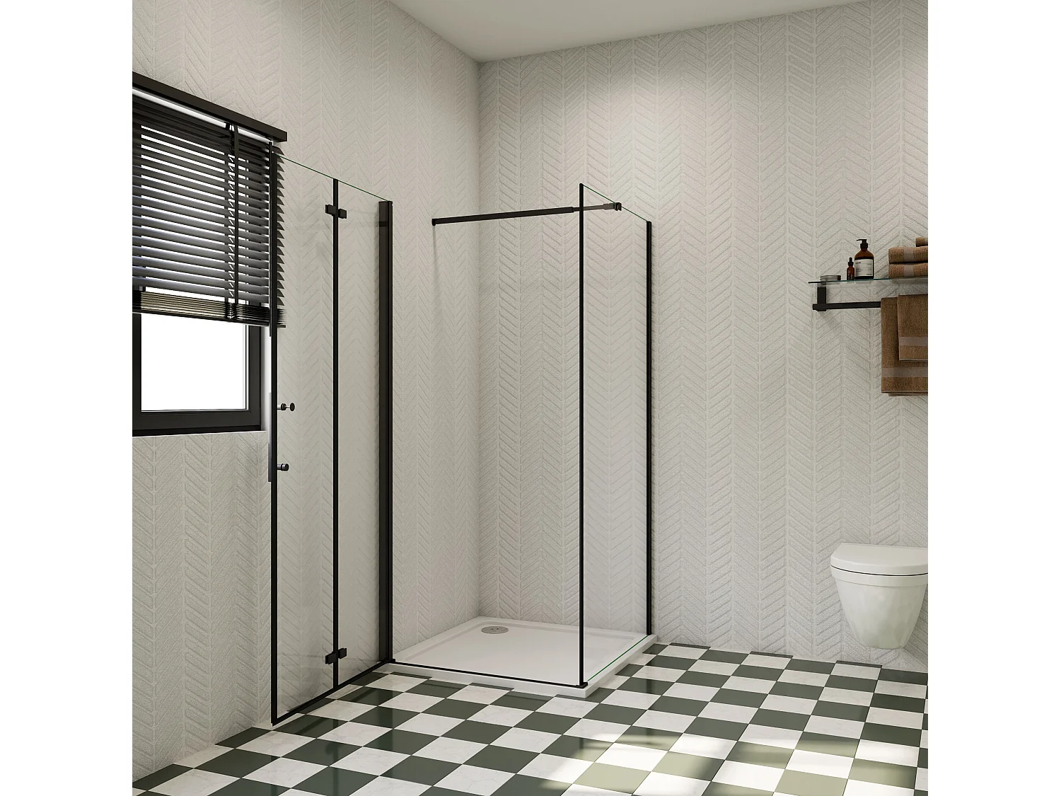 120x100x185cm douchecabine met inklapbare vouwdeur en vaste zijwand, 6mm helder EasyClean veiligheidsglas,mat zwarte aluminium frame, stabilisatiestang 73-120 cm