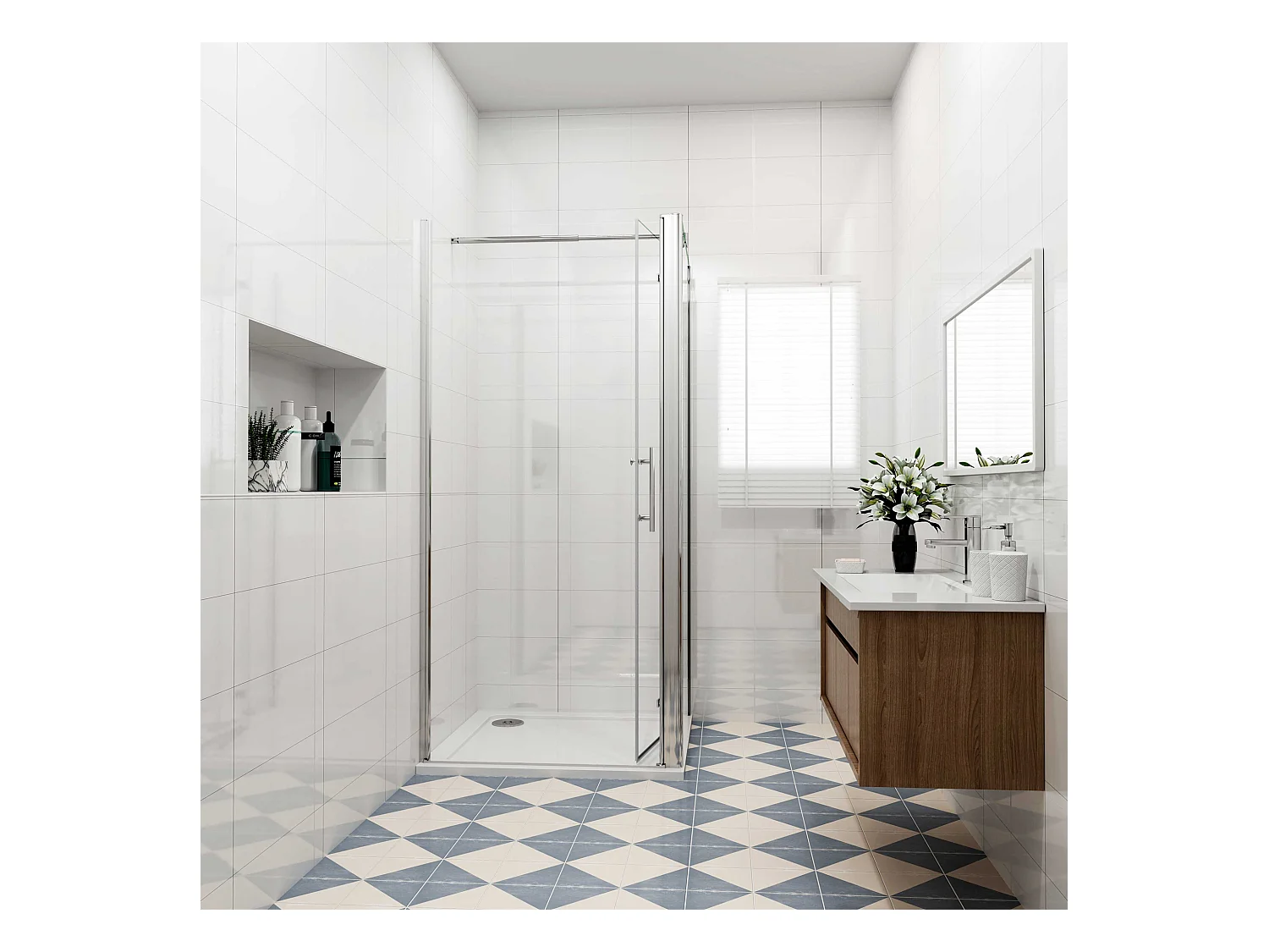 B:76xD:90x185cm,Douchecabine met vouwdeur en vaste zijwand ,NANO EasyClean veiligheidsglas,70-120cm Stabilisatiestang